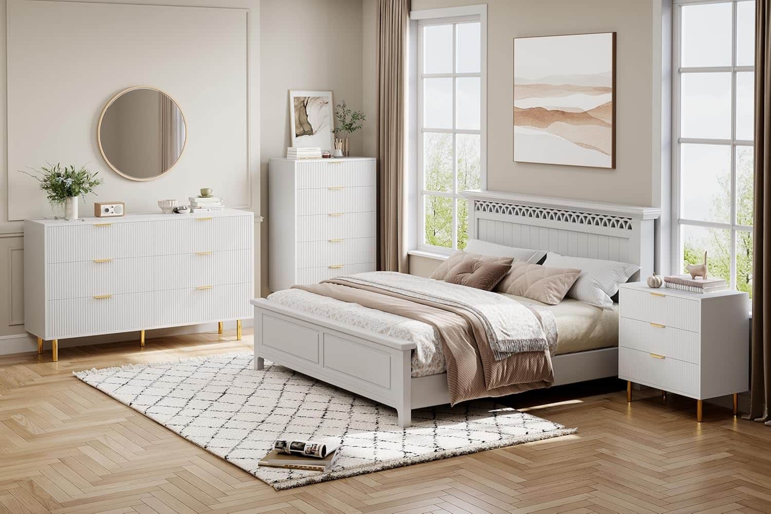 Qeetex - Modern 5 Drawer Dresser for Bedroom with Gold Handle and Large Drawer, Wood Double Chest of Drawers - White