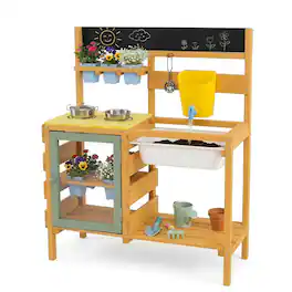 Costway - Kids Wooden Mud Kitchen with 14 Accessories, 2 Stoves - Yellow