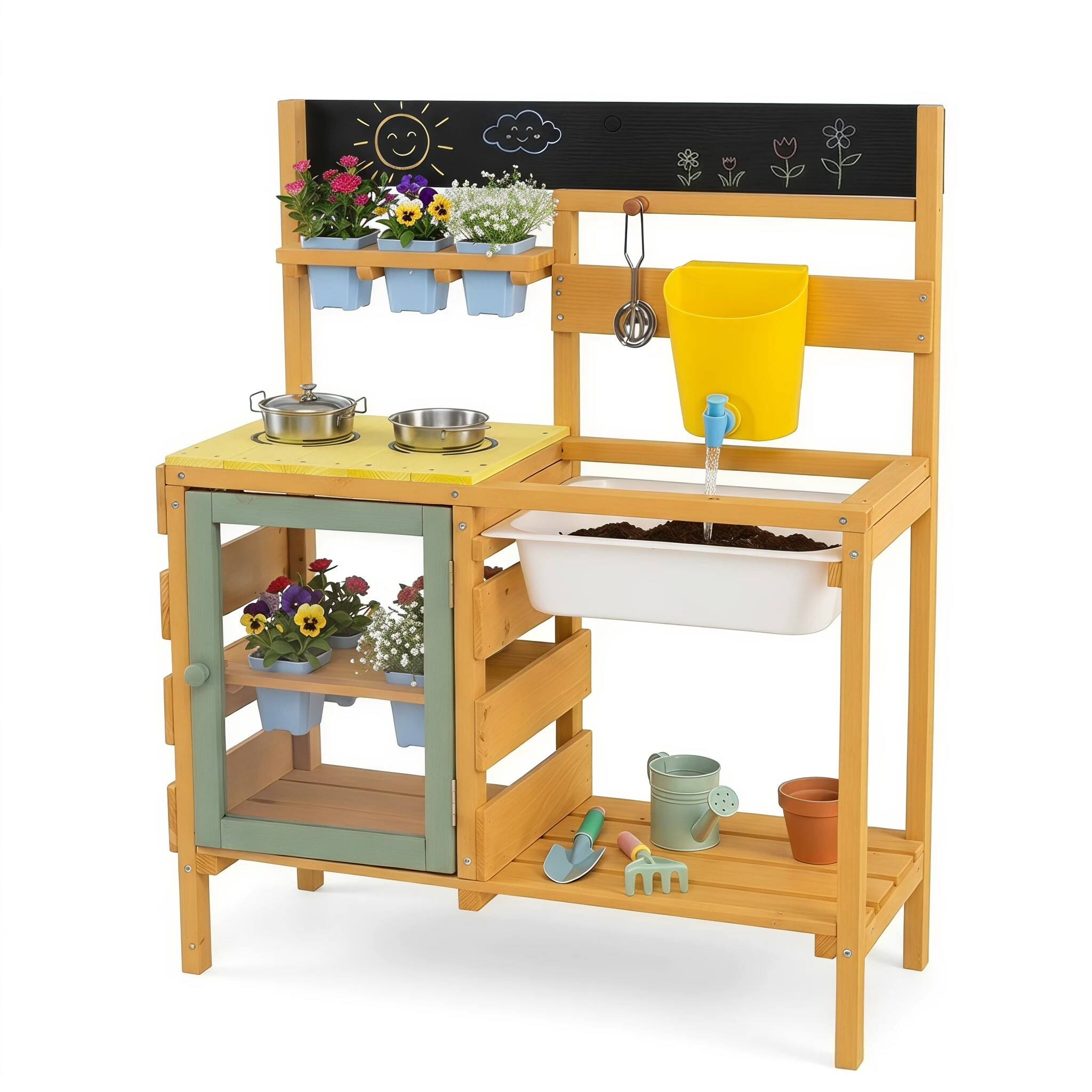 Front. Costway - Costway Kids Wooden Mud Kitchen with 14 Accessories, 2 Stoves - Yellow.