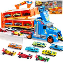 Joyfy - Semi Carrier Truck with Lights & Sounds for Kids, 12 Die-Cast Metal Toy Play Vehicle with 60" Extra Long Race Track - Multicolored