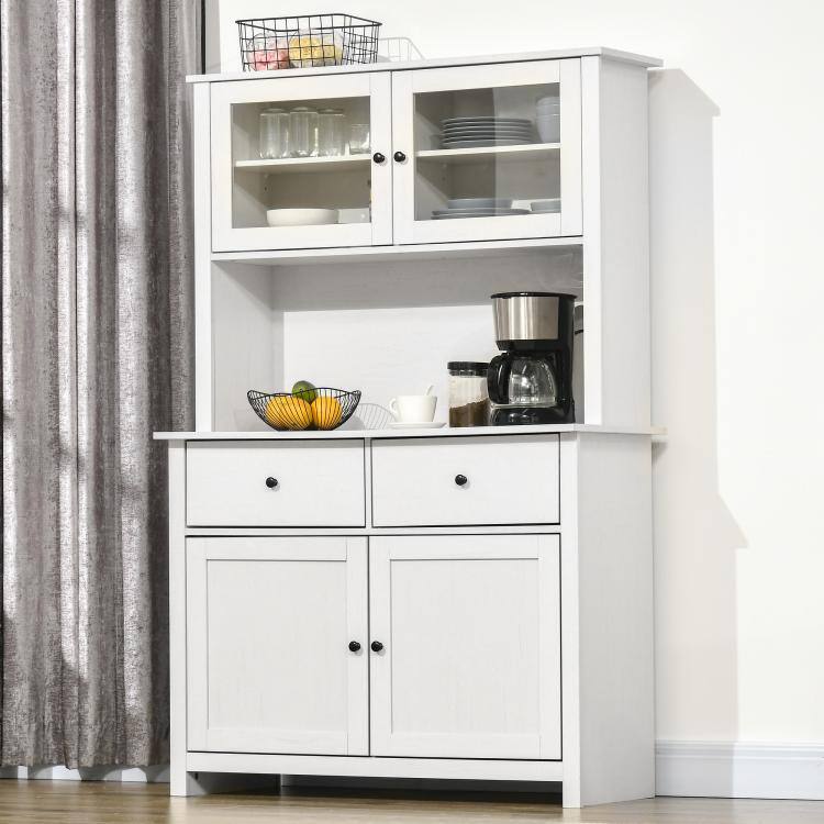 Alt View 2. PULUZ - 63.5 inch Kitchen Buffet with Hutch, Pantry Storage Cabinet with 4 Shelves, Drawers, Framed Glass Doors, Open Microwave - Antique White.