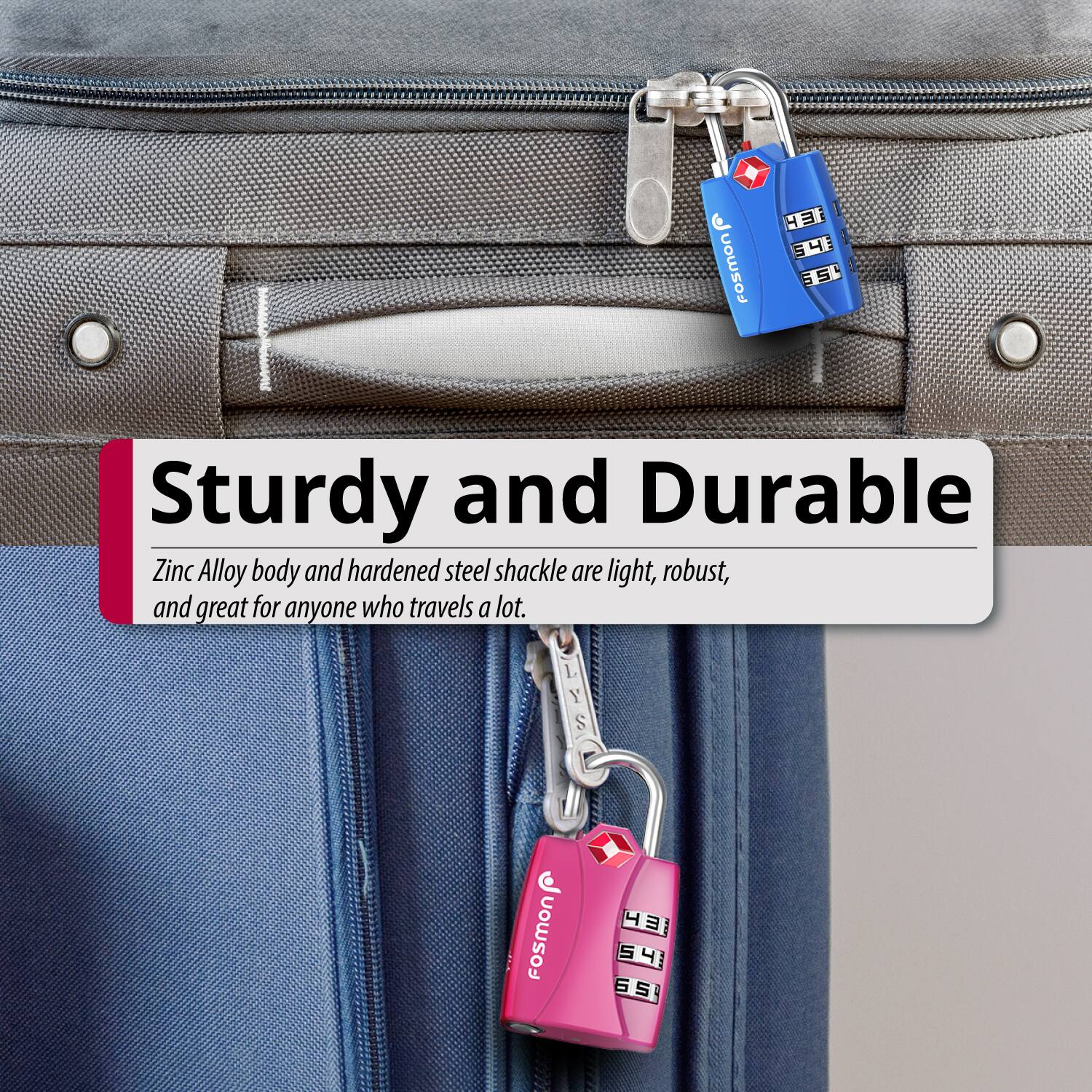 fosmon 4 m i 543 5  SS 5 Sturdy and Durable Zinc Alloy body and hardened steel shackle are light, robust, and great for anyone who travels a lot. Fosmon   E I 54 S 4 S S