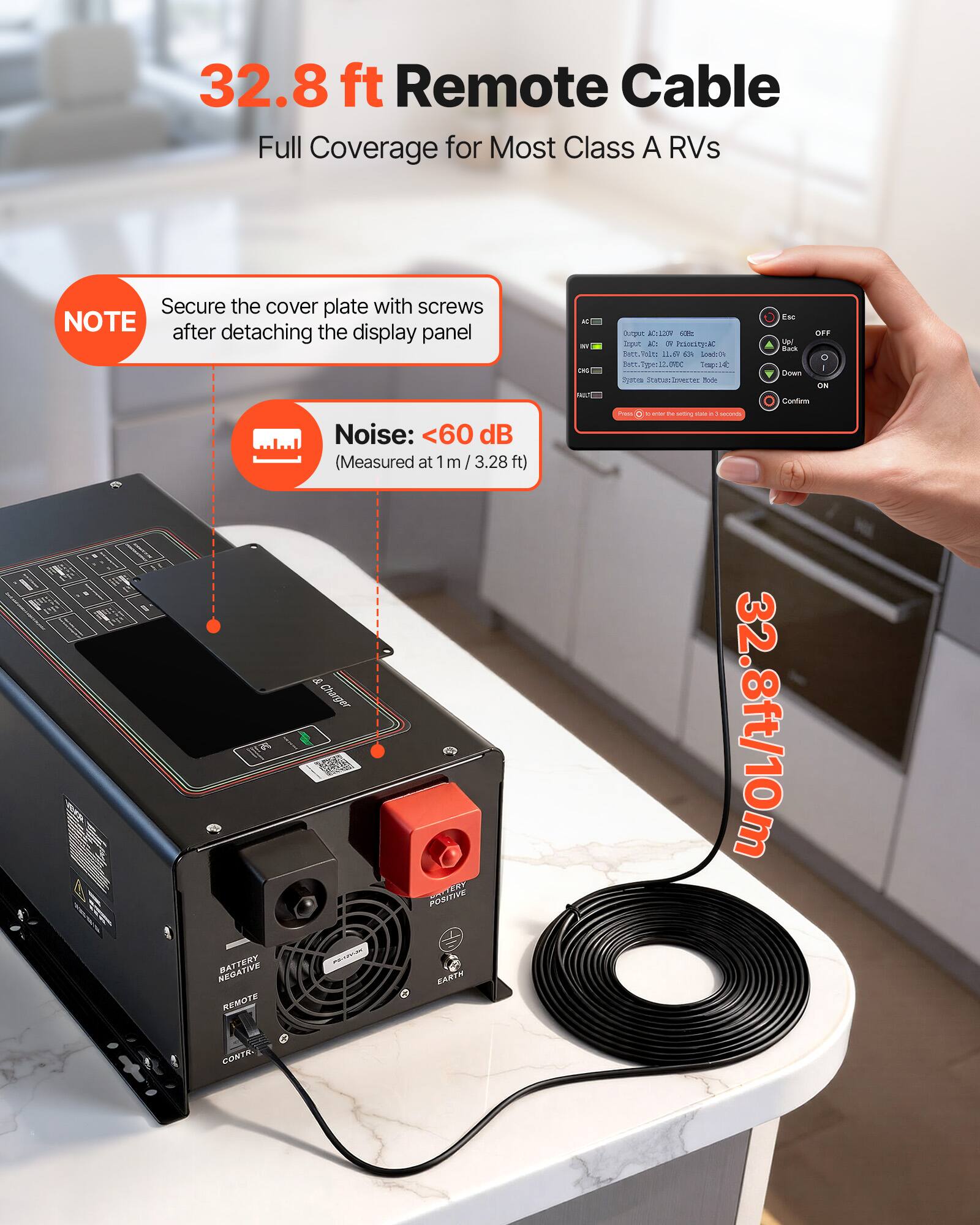 32.8 ft Remote Cable Full Coverage for Most Class A RVs

Secure the cover plate with screws after detaching the display panel

Noise: <60 dB (Measured at 1m / 3.28 ft)

Charger VERY POSITIVE BATTERY - EARTH REMOTE CONTR.

CIG

FAC Ourc M-1209

OFF Isput - OR Pranciac Up/ and Bott.Volt: vca Loadcin O Tect.Type:12.00C Tempa14C - Down System Staturelmenter THE ON Confirm Press tranter Y is seting visita x seconds

32.8ft/10m