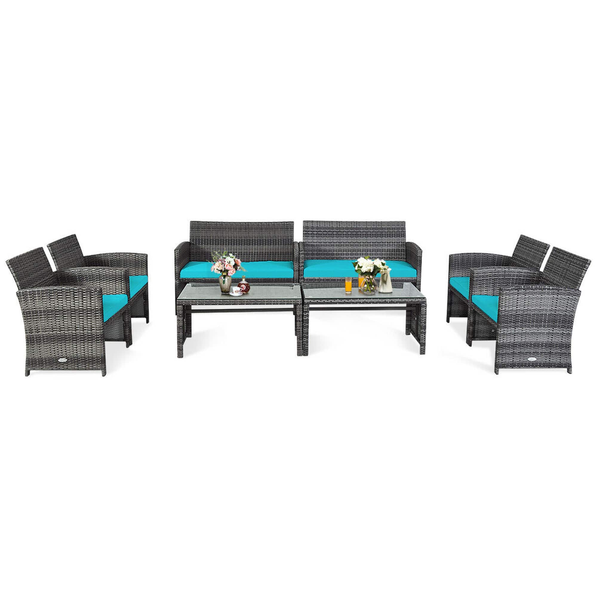 Gymax - 8PCS Patio Outdoor Rattan Conversation Furniture Set w/ Turquoise Cushion - Mix Grey price history on PriceWatchPro