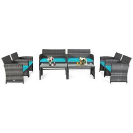 Gymax - 8PCS Patio Outdoor Rattan Conversation Furniture Set w/ Turquoise Cushion - Mix Grey