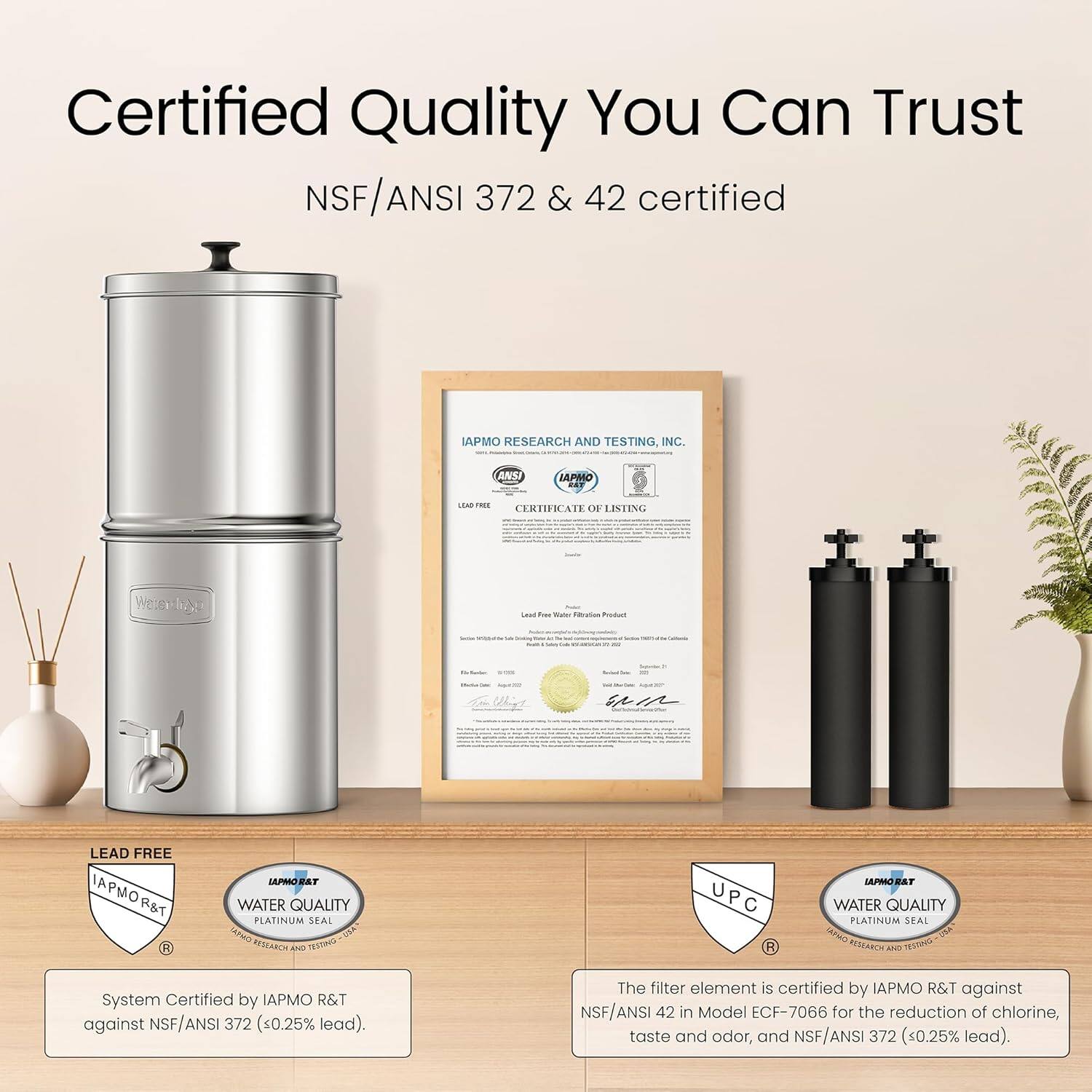 Certified Quality You Can Trust

NSF/ANSI 372 & 42 certified

System Certified by IAPMO R&T against NSF/ANSI 372 (≤0.25% lead).

The filter element is certified by IAPMO R&T against NSF/ANSI 42 in Model ECF-7066 for the reduction of chlorine, taste and odor, and NSF/ANSI 372 (≤0.25% lead).

LEAD FREE

IAPMO R&T WATER QUALITY PLATINUM SEAL

UPC

IAPMO R&T WATER QUALITY PLATINUM SEAL