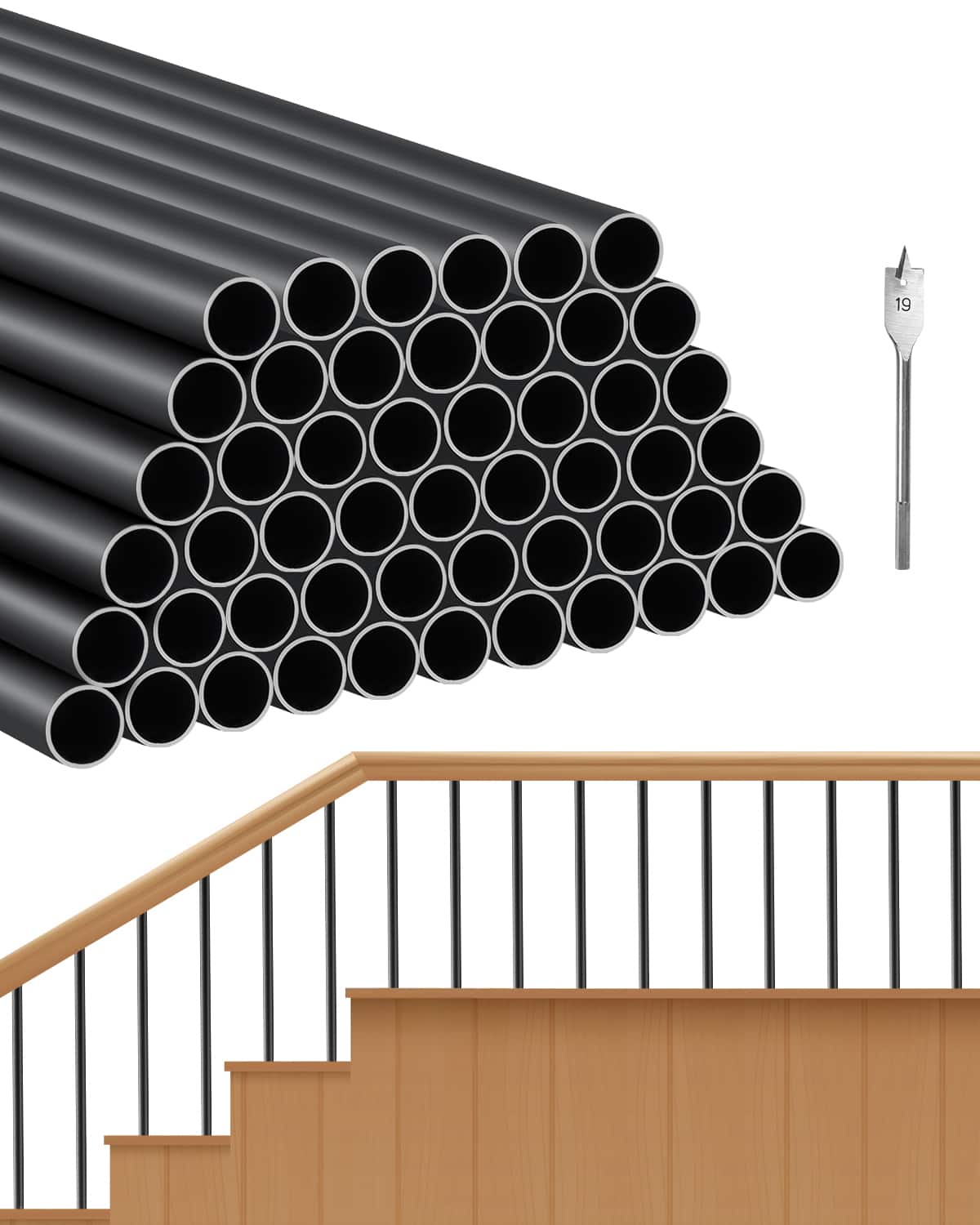 Front. VEVOR - Staircase Balusters 51 Pack, 26 In Aluminum Stair Balusters, 3/4 In Rainwater-Proof Round Metal Spindle Railing - Black.