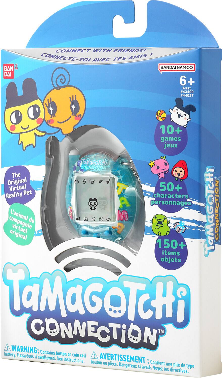 0 BAN MO DAI CONNECT WITH FRIENDS! ! CONNECTE-TOI AVEC TES AMIS!  
BANDAI NAMCO 6+  
Asst. #43400 #44027  

10+ games jeux  
50+ characters personnages  
150+ items objets  

The Original Virtual Reality Pet  
L'animal de compagnie virtuel original  

TaMaGOTCHi CONNECTION™  

WARNING: Contains button or coin cell battery. Hazardous if swallowed. See instructions.  
AVERTISSEMENT : Contient une pile de type bouton ou pièce. Dangereux si avalé. Voyez les directives.