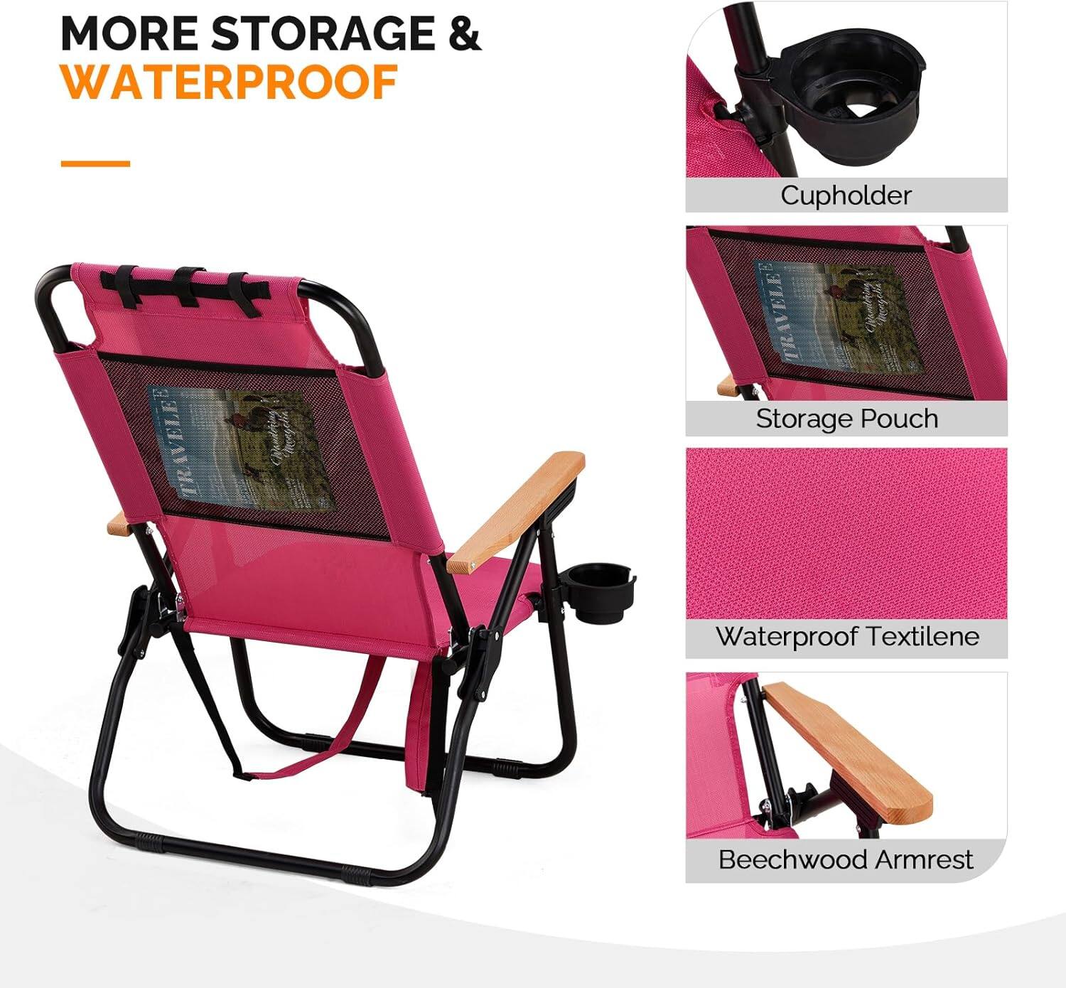 MORE STORAGE & WATERPROOF

- Cupholder
- Storage Pouch
- Waterproof Textilene
- Beechwood Armrest