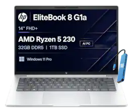 HP - Upgraded - EliteBook 8 G1a 14" Notebook AI PC - AMD Ryzen 5 230 2025 with 32GB Memory - 1TB SSD - Windows 11 Pro - Silver