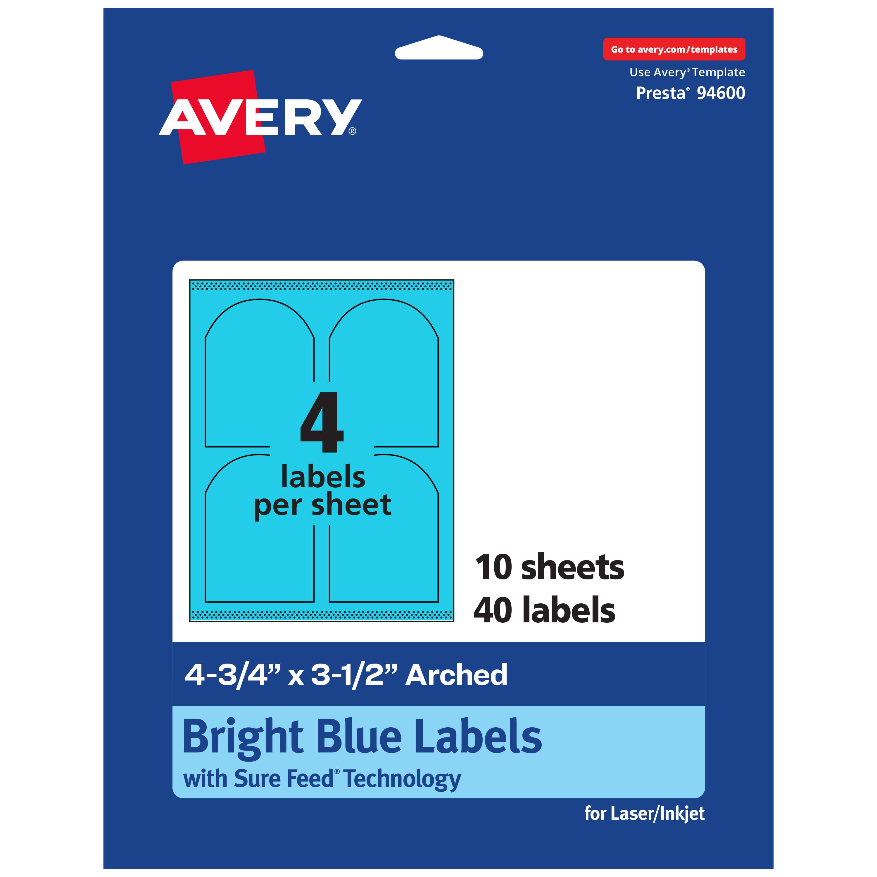 Go to avery.com/templates  
AVERY  
Use Avery Template Presta® 94600  
4 labels per sheet  
10 sheets  
40 labels  
4-3/4" x 3-1/2" Arched  
Bright Blue Labels with Sure Feed Technology for Laser/Inkjet