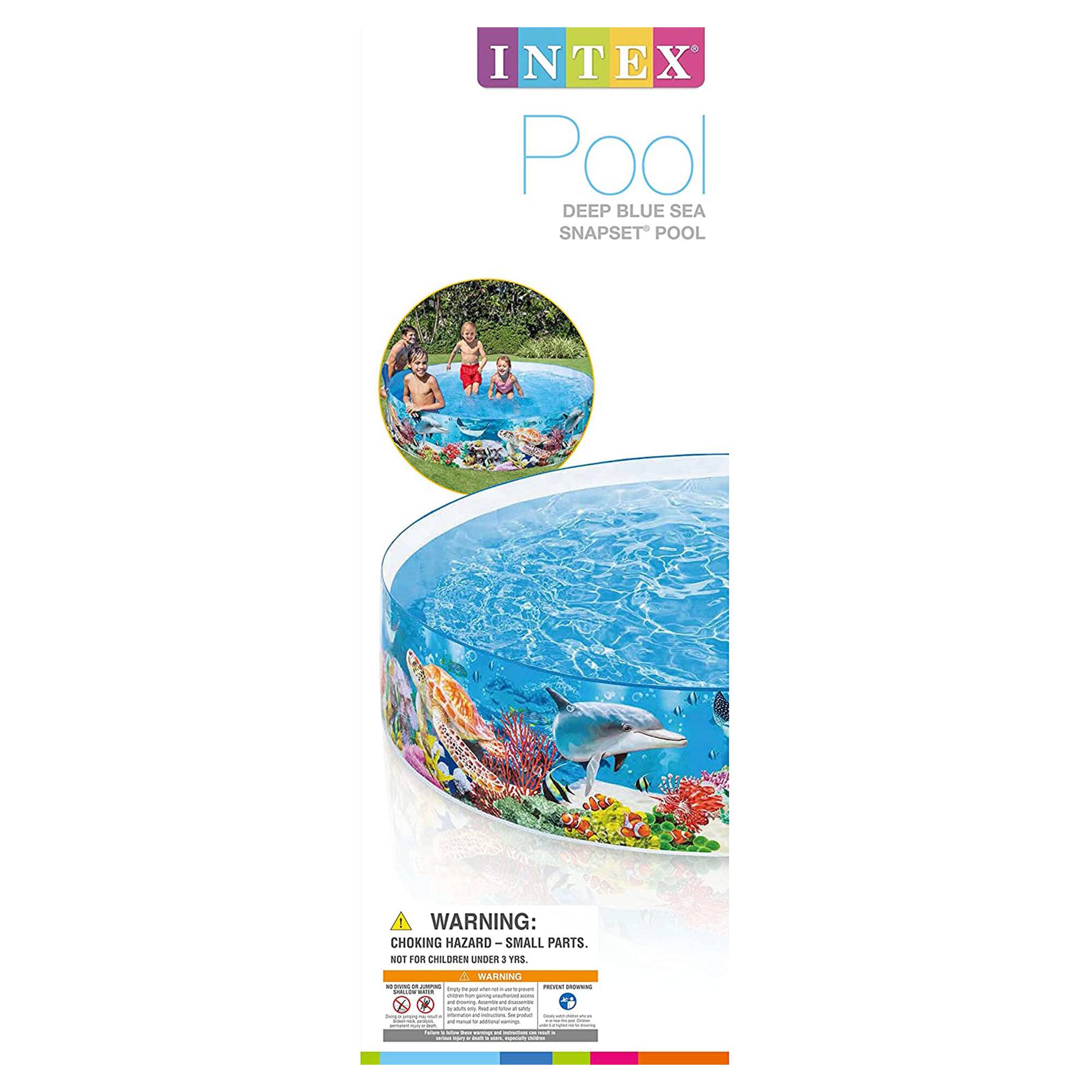 INTEX Pool  
DEEP BLUE SEA  
SNAPSET® POOL  

WARNING: CHOKING HAZARD - SMALL PARTS.  
NOT FOR CHILDREN UNDER 3 YRS.  

WARNING:  
This product contains small parts. Not for children under 3 years.  
Do not leave children unattended in the pool.  
Do not use pool in deep water.  
Do not use pool in water over 4 feet deep.  
Do not use pool in water over 4 feet deep.  

RECYCLABLE