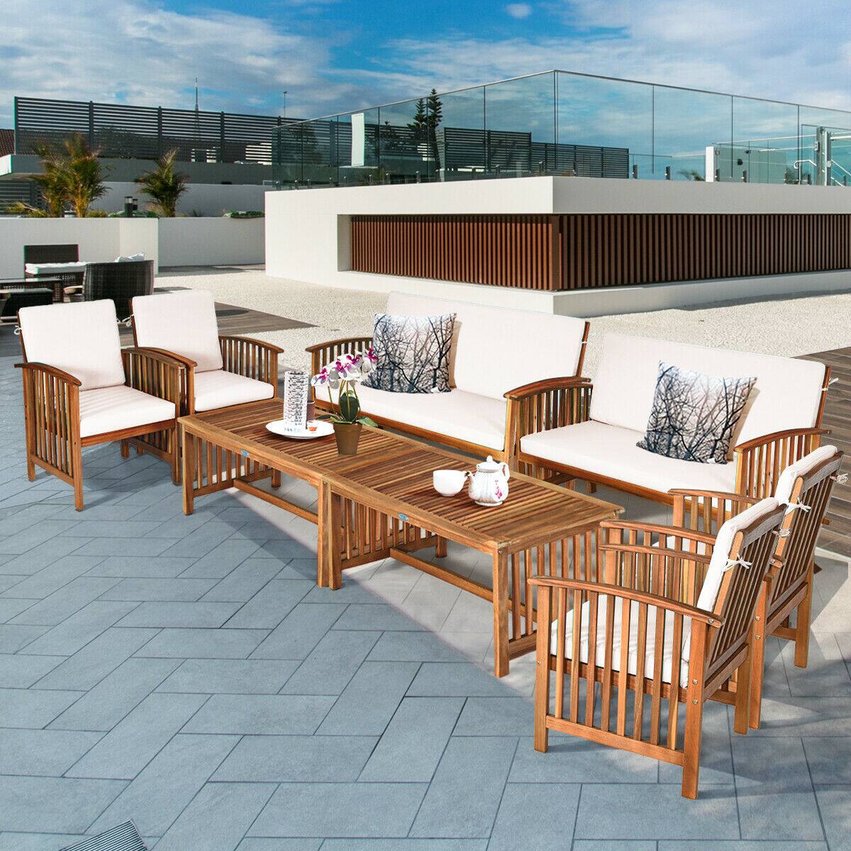 Gymax - 8PCS Wooden Patio Conversation Set Outdoor Furniture Set w/ Cushions - White