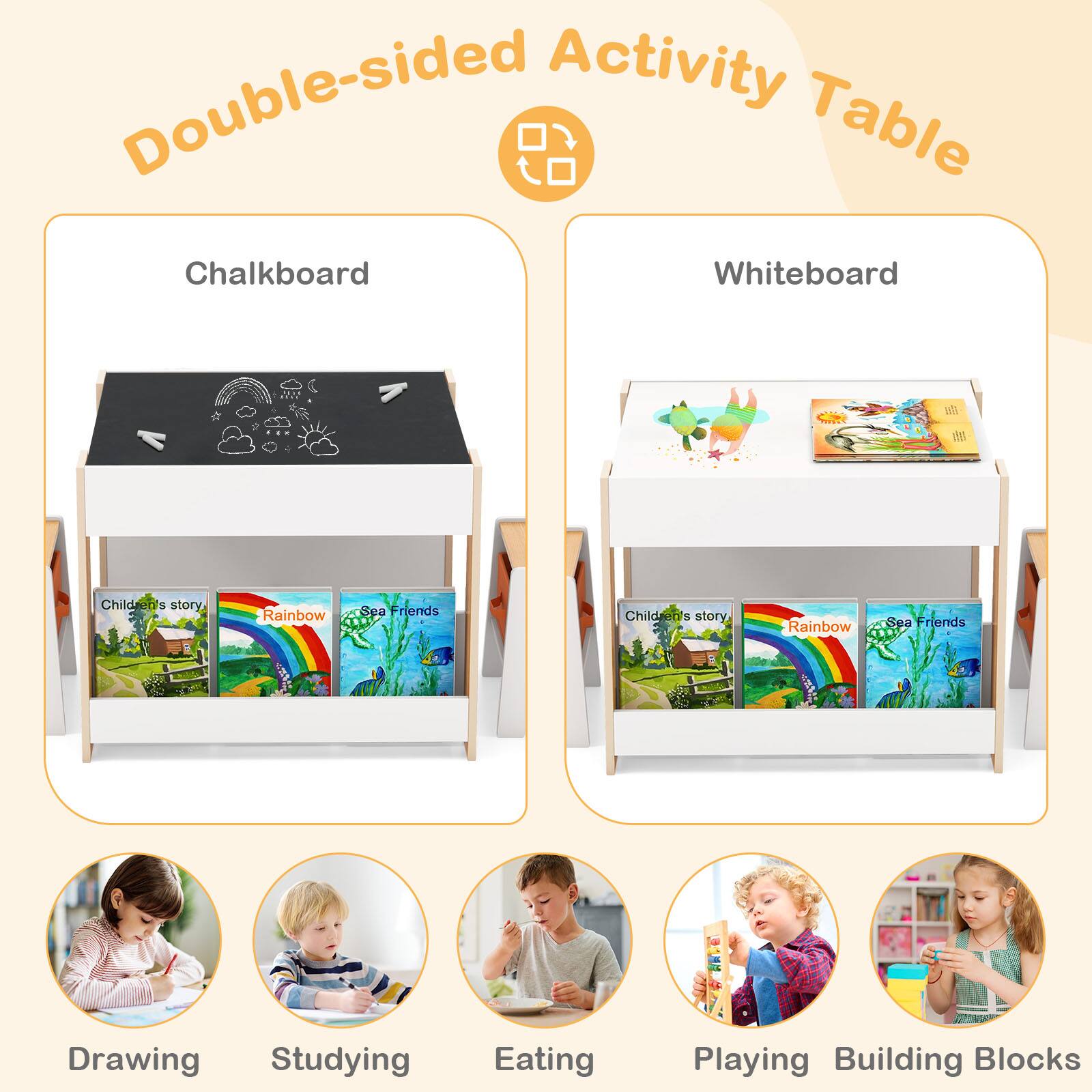Double-sided Activity Table Chalkboard Whiteboard  
Children's story, Rainbow Sea Friends  
Childa 1S story Rainbow Sea Friends - Drawing Studying Eating Playing Building Blocks
