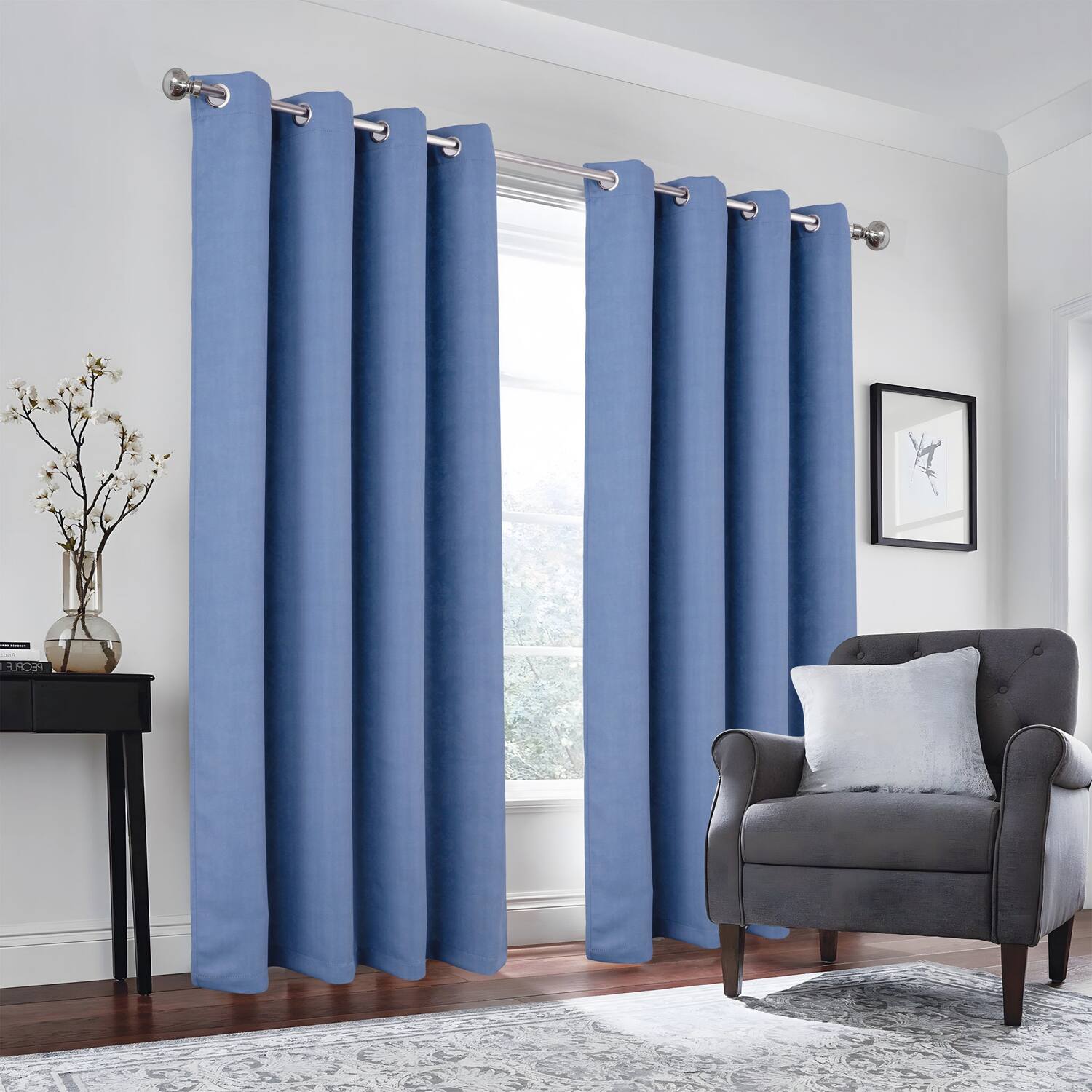 Left. Olivia Gray - Olivia Gray 100% Polyester 190 GSM Eloise Reversible Blackout Grommet Curtain Panel 54" x 90" Blue - Blue.
