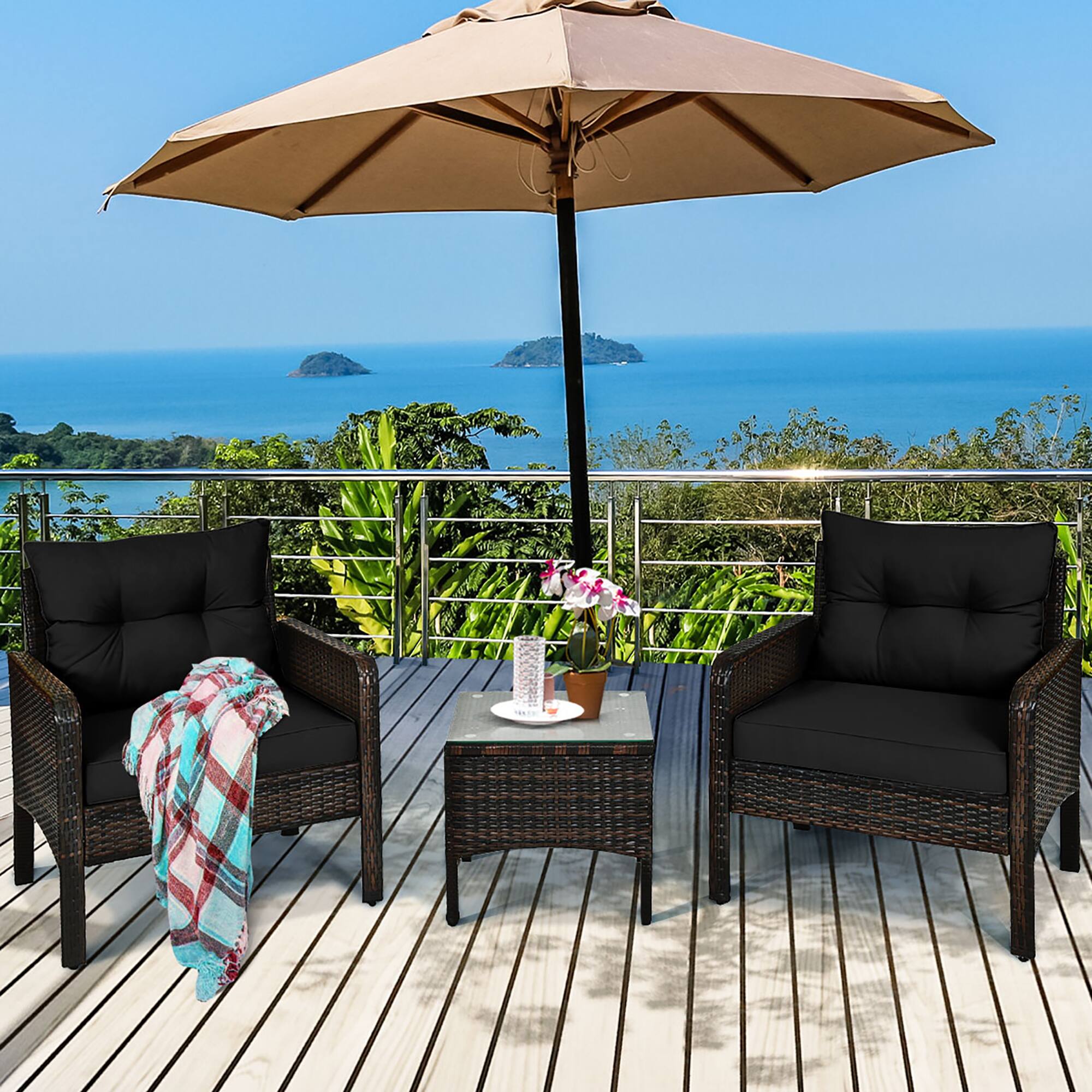 Alt View 3. Costway - 3PCS Outdoor Rattan Conversation Set Patio Garden Cushioned Sofa Chair - Black.