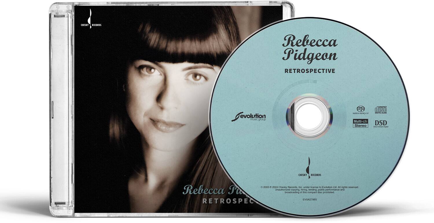 **Front Cover:**
- CRESET RECORDS
- Rebecca Pidgeon
- RETROSPECTIVE

**CD:**
- Rebecca Pidgeon
- RETROSPECTIVE
- Evolution Music Group
- Multi-channel DSD Stereo
- DSD
- © 2000 Chesky Records, Inc. under license to Evolution Music Group. All rights reserved.
- Unauthorized broadcasting, copying, hiring, lending, public performance and/or rental of this compact disc prohibited.
- EVSA2798S

**Back Cover:**
- CRESET RECORDS
- Rebecca Pidgeon
- RETROSPECTIVE
- Devolution music group
- disc
- NUPA NUPERNUROCD
- adidas
- NER
- Multi-ch DSD Stereo
- Sharee
- CHESKY RECORDS
- O 2000 C 2024
- Chesky Records, Inc. under license to Evolution Music Group. All rights reserved.
- Unauthorized broadcasting, copying, hiring, lending, public performance and/or rental of this compact disc prohibited.
- EVSA2798S