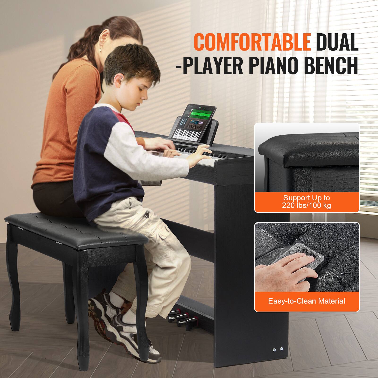 COMFORTABLE DUAL PLAYER PIANO BENCH

- Support Up to 220 lbs/100 kg
- Easy-to-Clean Material