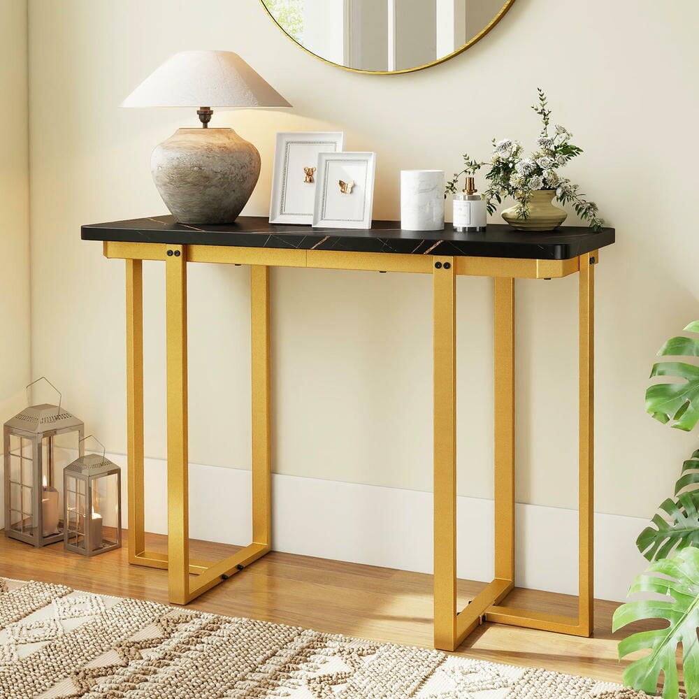 Angle. Kadyn - 42-Inch Modern Faux Marble Entryway Table with Geometric Metal Frame, Black - Black.