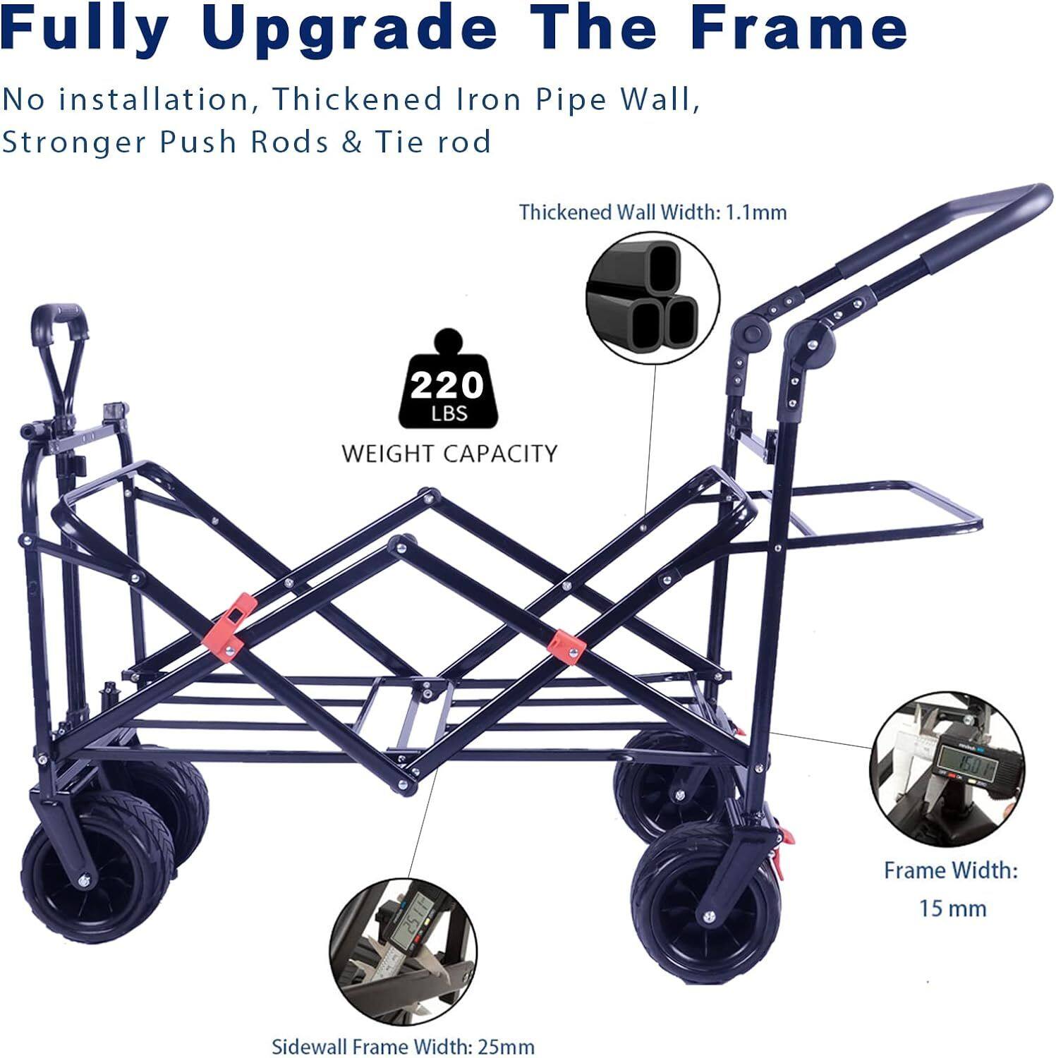 Fully Upgrade The Frame  
No installation, Thickened Iron Pipe Wall, Stronger Push Rods & Tie rod  
Thickened Wall Width: 1.1mm  
220 LBS WEIGHT CAPACITY  
Frame Width: 15 mm  
Sidewall Frame Width: 25mm