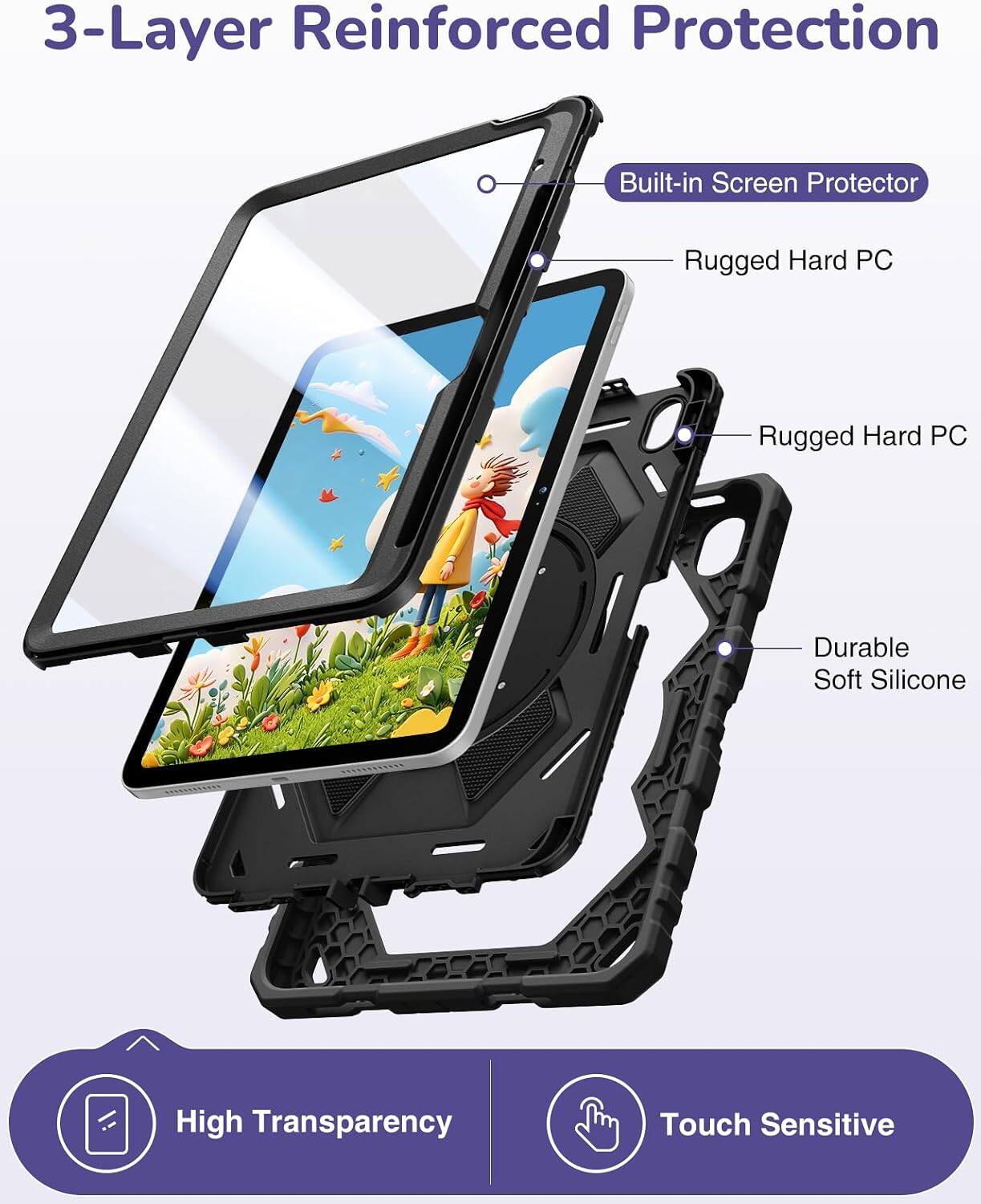 3-Layer Reinforced Protection  
Built-in Screen Protector  
Rugged Hard PC  
Rugged Hard PC  
Durable Soft Silicone  
High Transparency  
Touch Sensitive