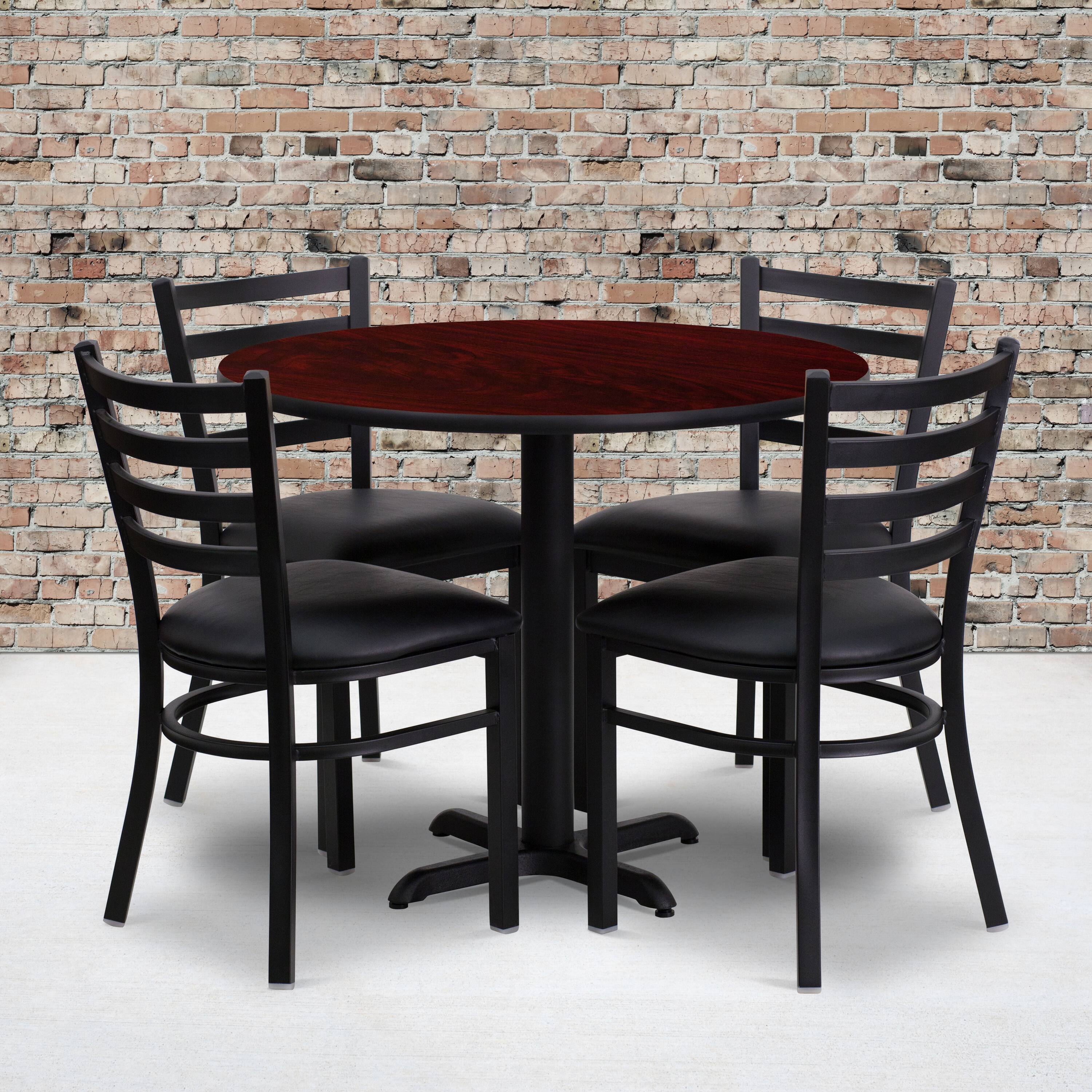 Angle. Flash Furniture - Carlton 36'' Round Mahogany Laminate Table Set with X-Base and 4 Ladder Back Metal Chairs - Black Vinyl Seat - Black.
