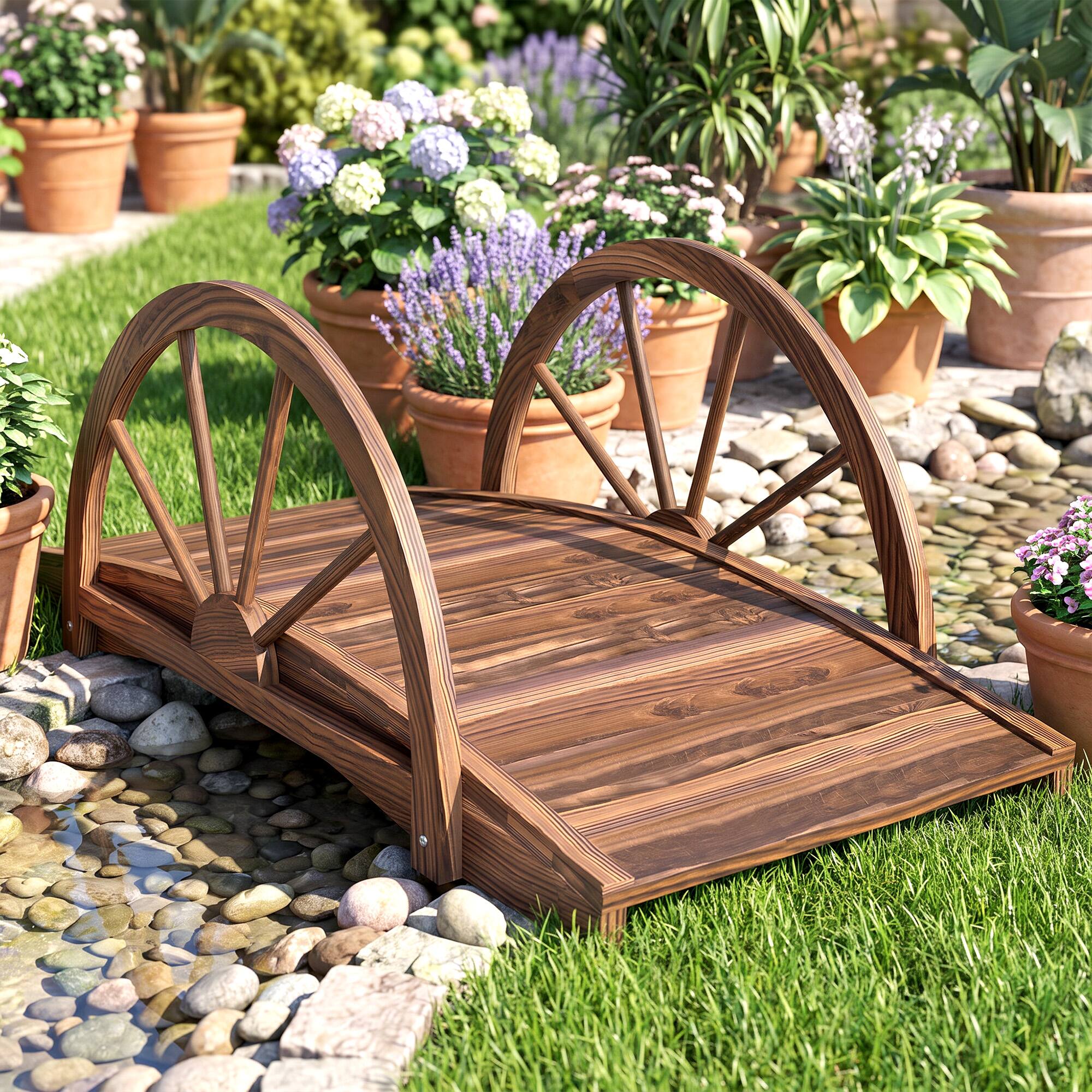 Alt View 8. Outsunny - Wooden Garden Bridge Arc Footbridge with Half-Wheel Style Railings & Solid Fir Construction - Stained Wood Color.