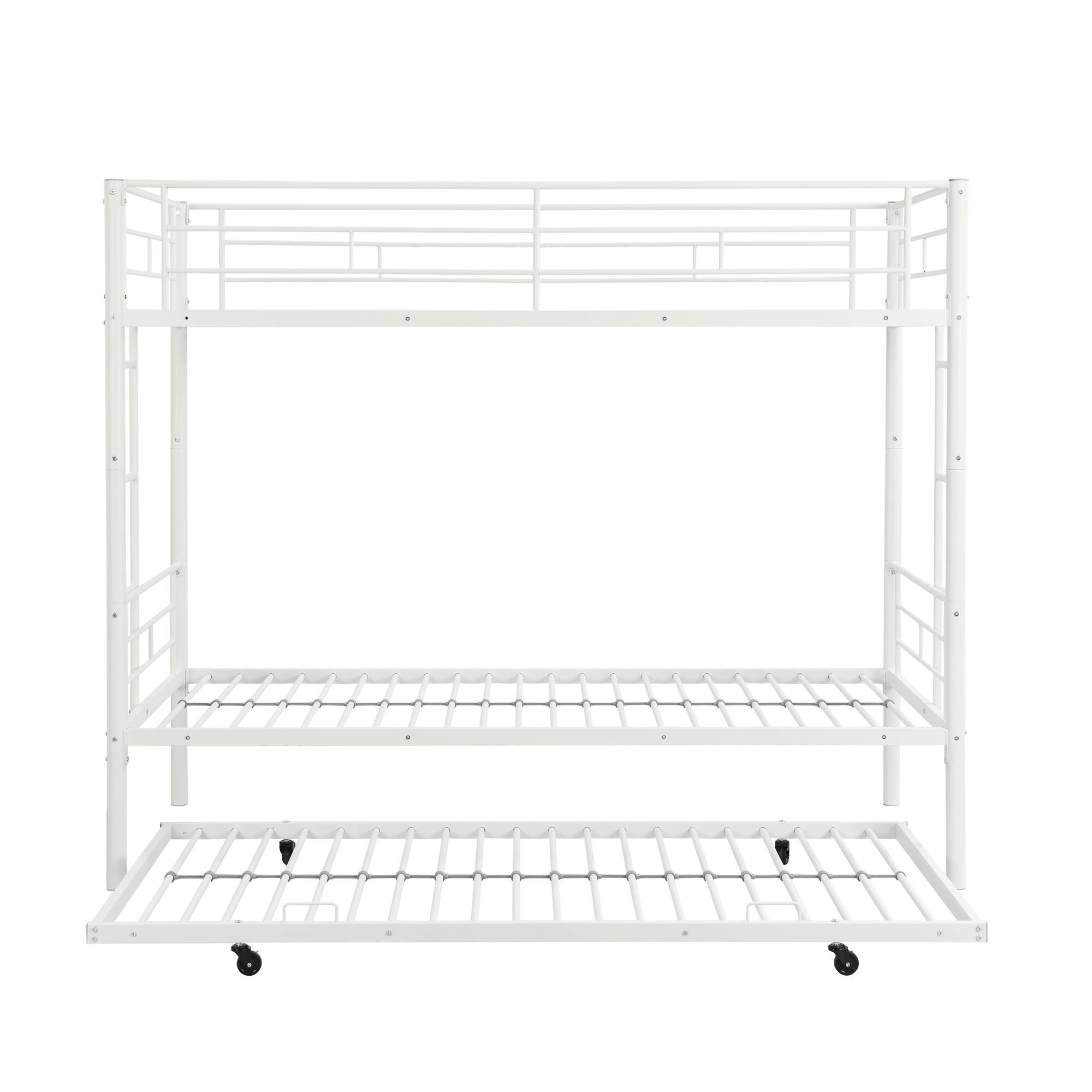 Angle. GOODSILO - Modern Metal Bunk Bed with Trundle - Space-Saving Sleeper Solution for Kids and Teens - White.