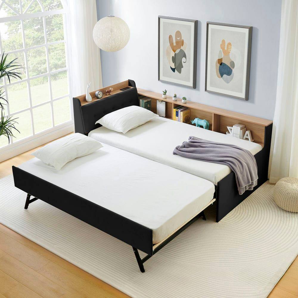 Back. Kadyn - Twin Size Upholstered Velvet Height Adjustable Daybed with Storage Headboard, Wireless Charging, Trundle & LED Lights - Black.