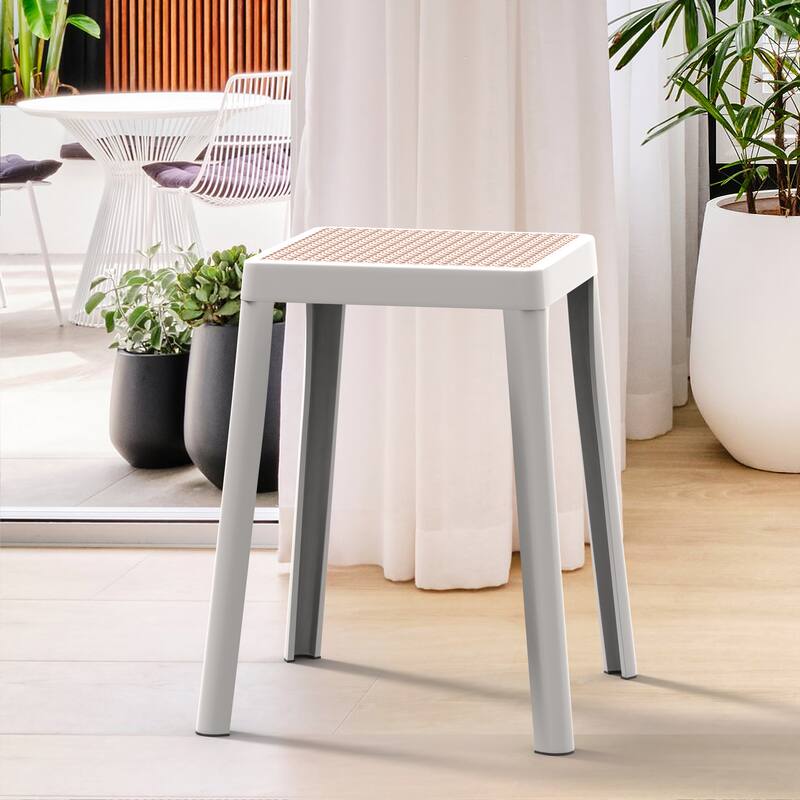 Left. LeisureMod - Tresse Stackable Poly Stool with Wicker Top, Modern Outdoor Counter Height Patio Barstool Set of 2 - White.