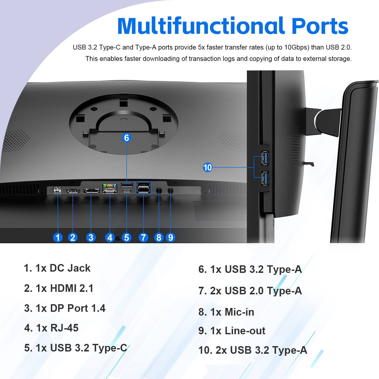 Multifunctional Ports

USB 3.2 Type-C and Type-A ports provide 5x faster transfer rates (up to 10Gbps) than USB 2.0. This enables faster downloading of transaction logs and copying of data to external storage.

1. 1x DC Jack
2. 1x HDMI 2.1
3. 1x DP Port 1.4
4. 1x RJ-45
5. 1x USB 3.2 Type-C
6. 1x USB 3.2 Type-A
7. 2x USB 2.0 Type-A
8. 1x Mic-in
9. 1x Line-out
10. 2x USB 3.2 Type-A