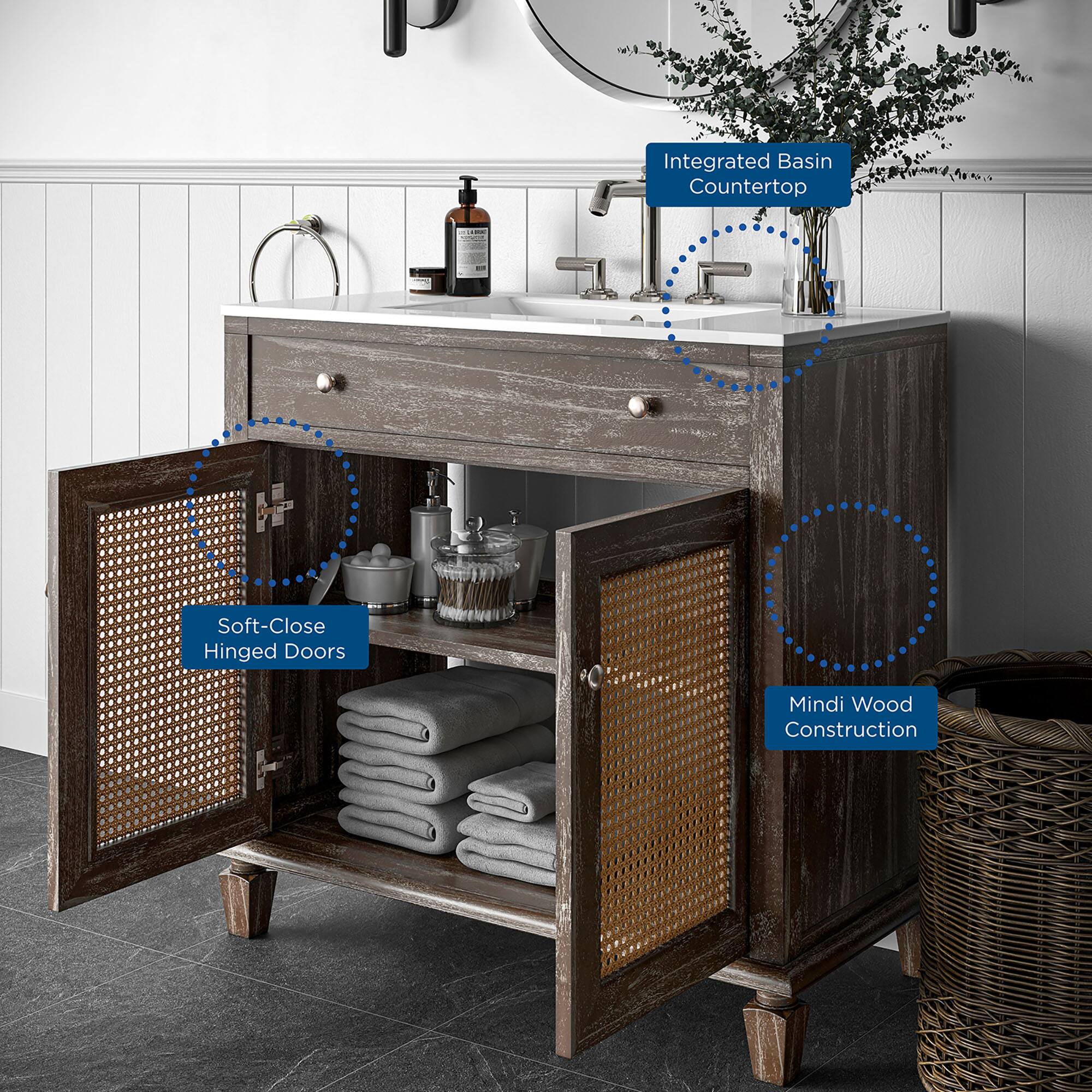 Integrated Basin Countertop  
Soft-Close Hinged Doors  
Mindi Wood Construction