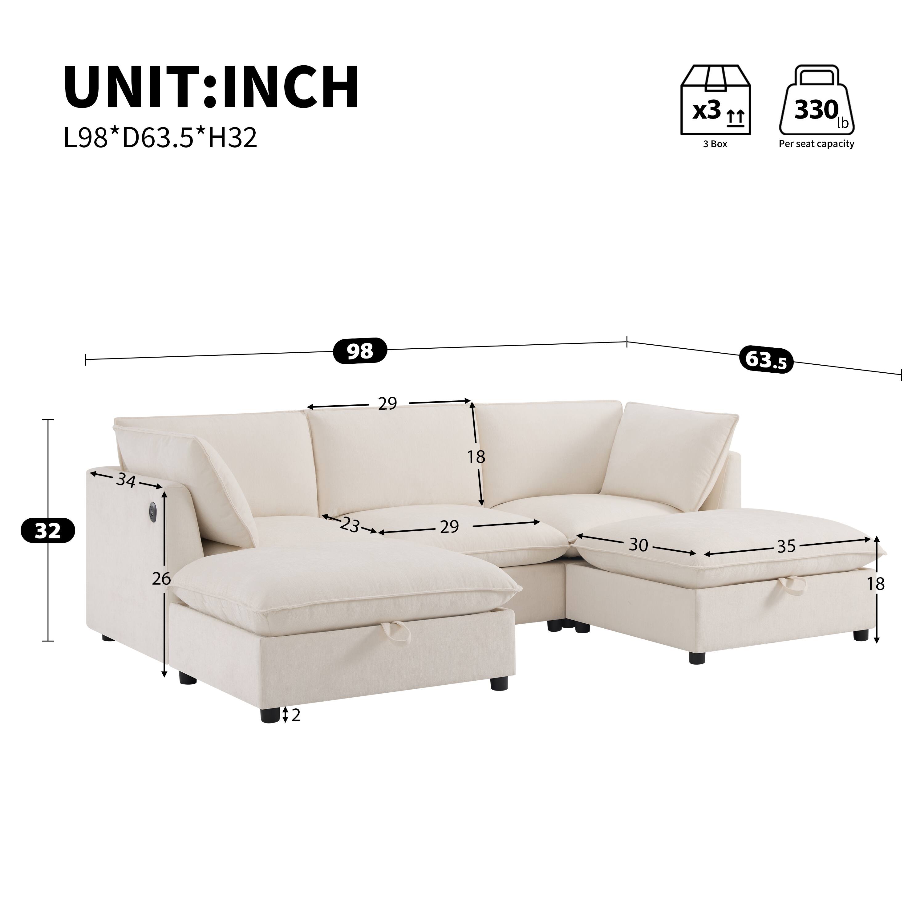 UNIT: INCH  
L98 * D63.5 * H32  

3 Box  
Per seat capacity 330 lb  

98  
63.5  
29  
34  
18  
32  
23  
29  
30  
35  
26  
18