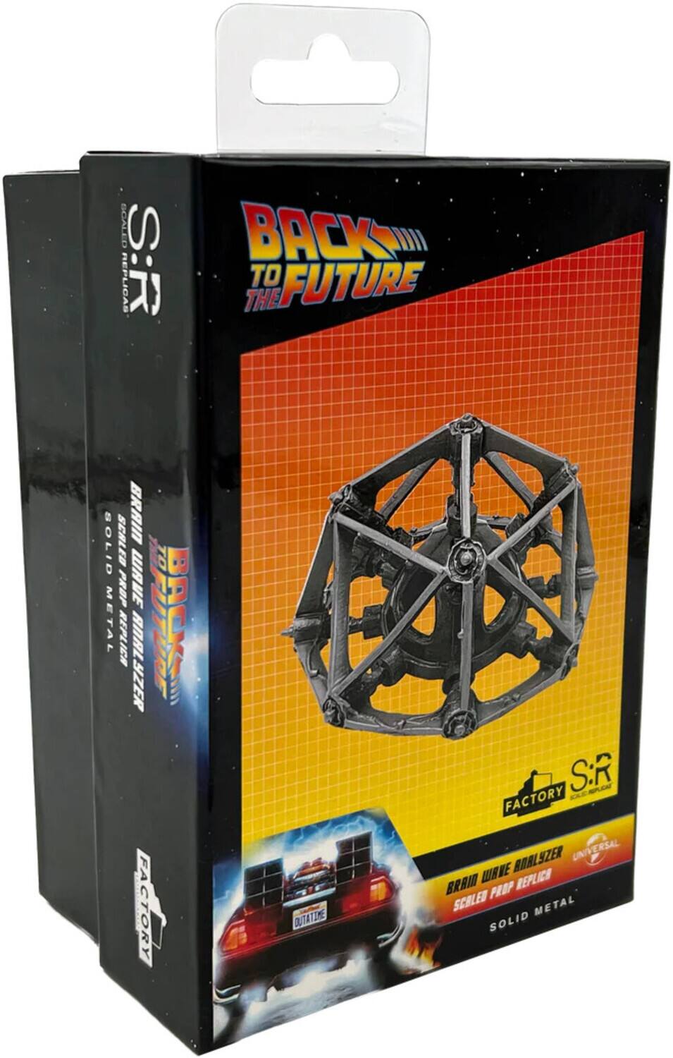 Sure, here is the corrected and grouped text from the image:

---

**S:R**

**BACK TO THE FUTURE**

**BRAIN WAVE ANALYZER**

**SCALED PROP REPLICA**

**SOLID METAL**

**FACTORY**

**UNIVERSAL**

**DUTATIME**

---

This text is arranged as it appears on the packaging.