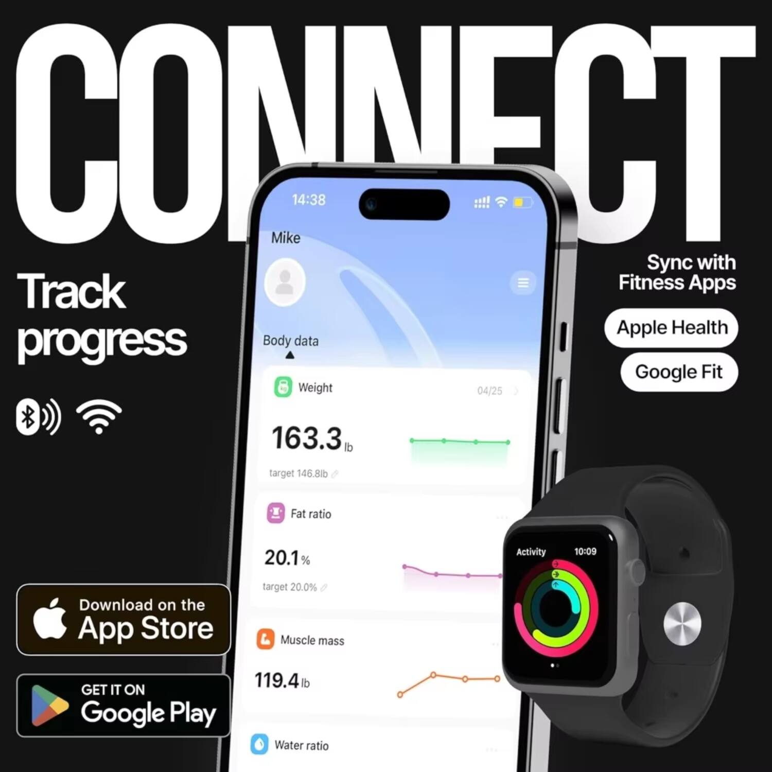 CONNECT

Track progress

Sync with Fitness Apps
- Apple Health
- Google Fit

Mike
Body data
- Weight: 163.3 lb (target 146.8 lb)
- Fat ratio: 20.1% (target 20.0%)
- Muscle mass: 119.4 lb
- Water ratio

Activity: 10:09

04/25

Download on the App Store
GET IT ON Google Play