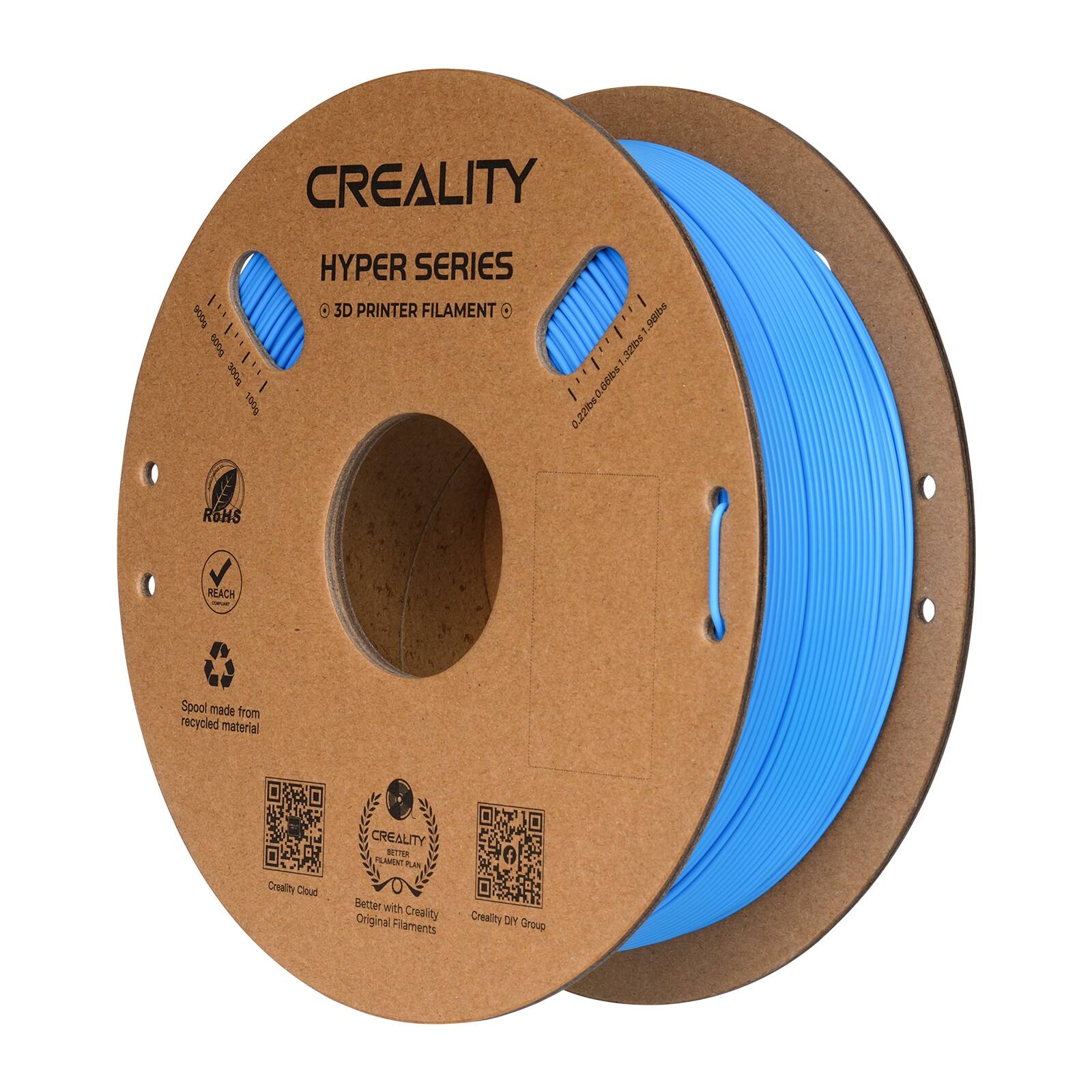 CREALITY HYPER SERIES 3D PRINTER FILAMENT 0.602 - 3 I 0.220.68 noes 0.22m ROHS REACH - Spool made from recycled material Creality Cosud CREALITY BITTR PLAMENT PLAN Better with Original Creality Filaments Creatity DIY Group.