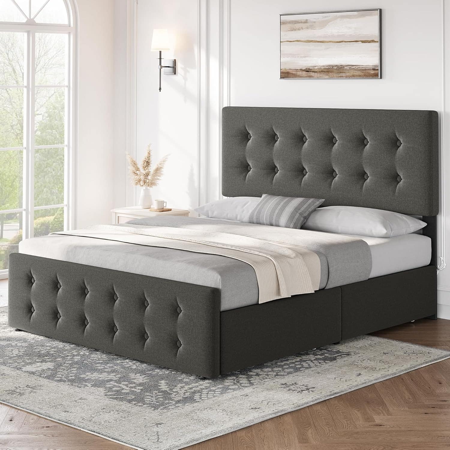 Babevy - Full/Queen/King Bed Frame with 4 Drawers & Adjustable Headboard, Faux Leather Upholstered Mattress Foundation - Light Gray