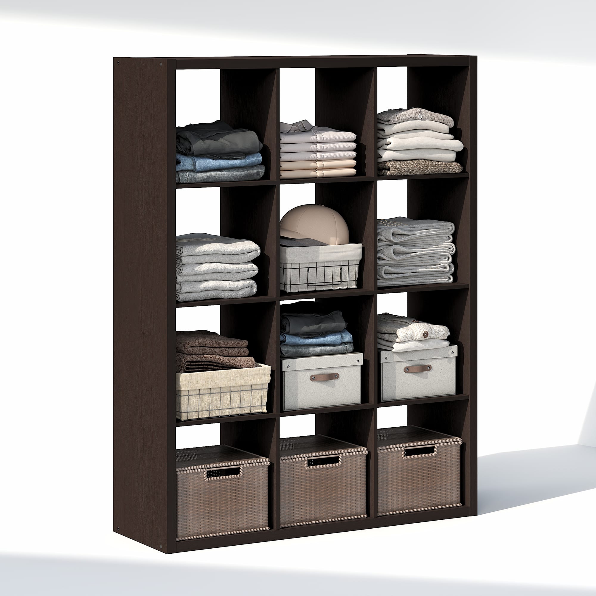 Furinno - CUBIC Closet Organizers, 12-Cube Open Closet Organizer, Extra Thick Frame, for Wardrobe, Bedroom, Living Room - Black Dark Oak