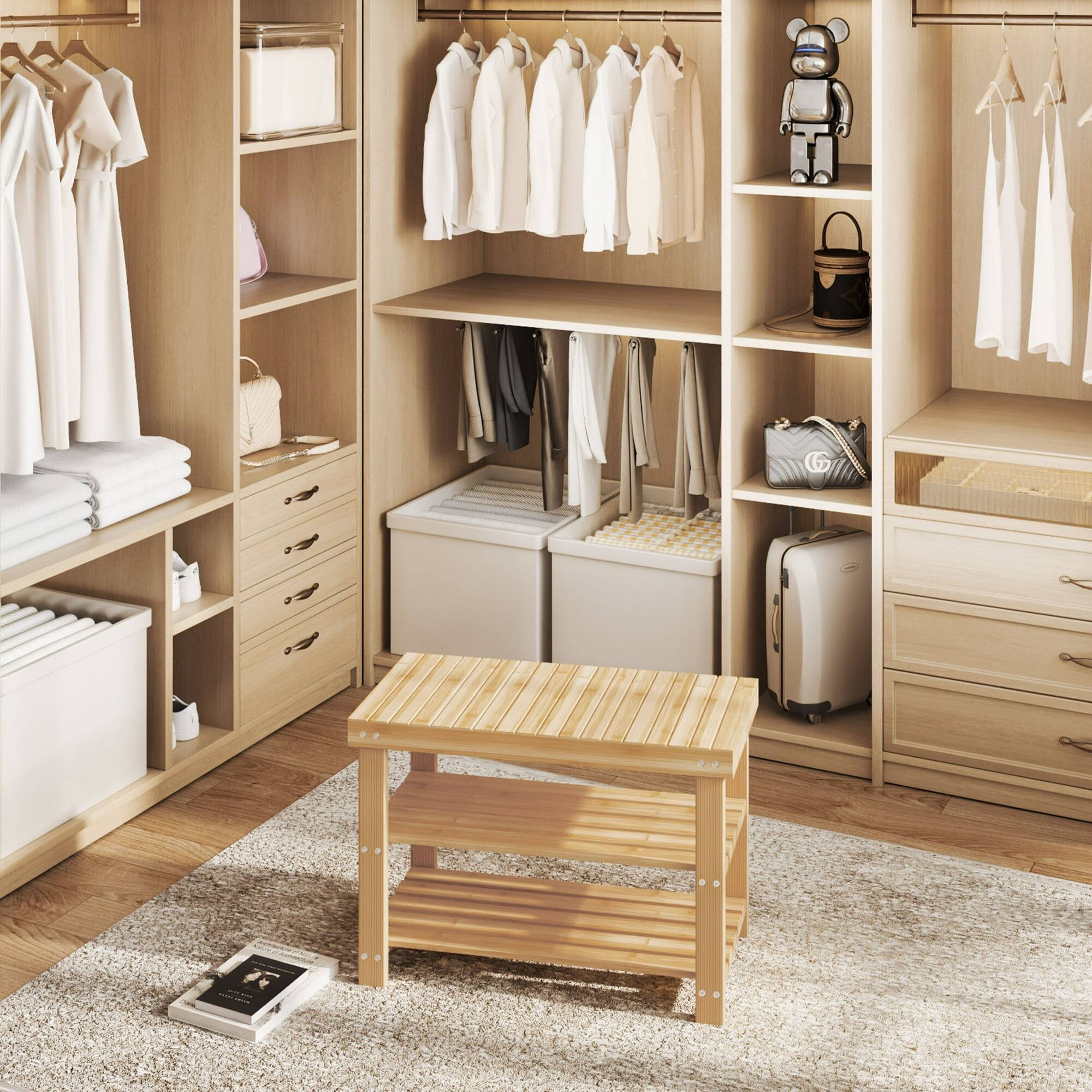 Alt View 2. AOITUN - 3-Tier Bamboo Shoe Rack Bench, 11.3 x 27.6 x 17.8 Inches Compact Storage Organizer with 286lb Capacity, Beige - brown.