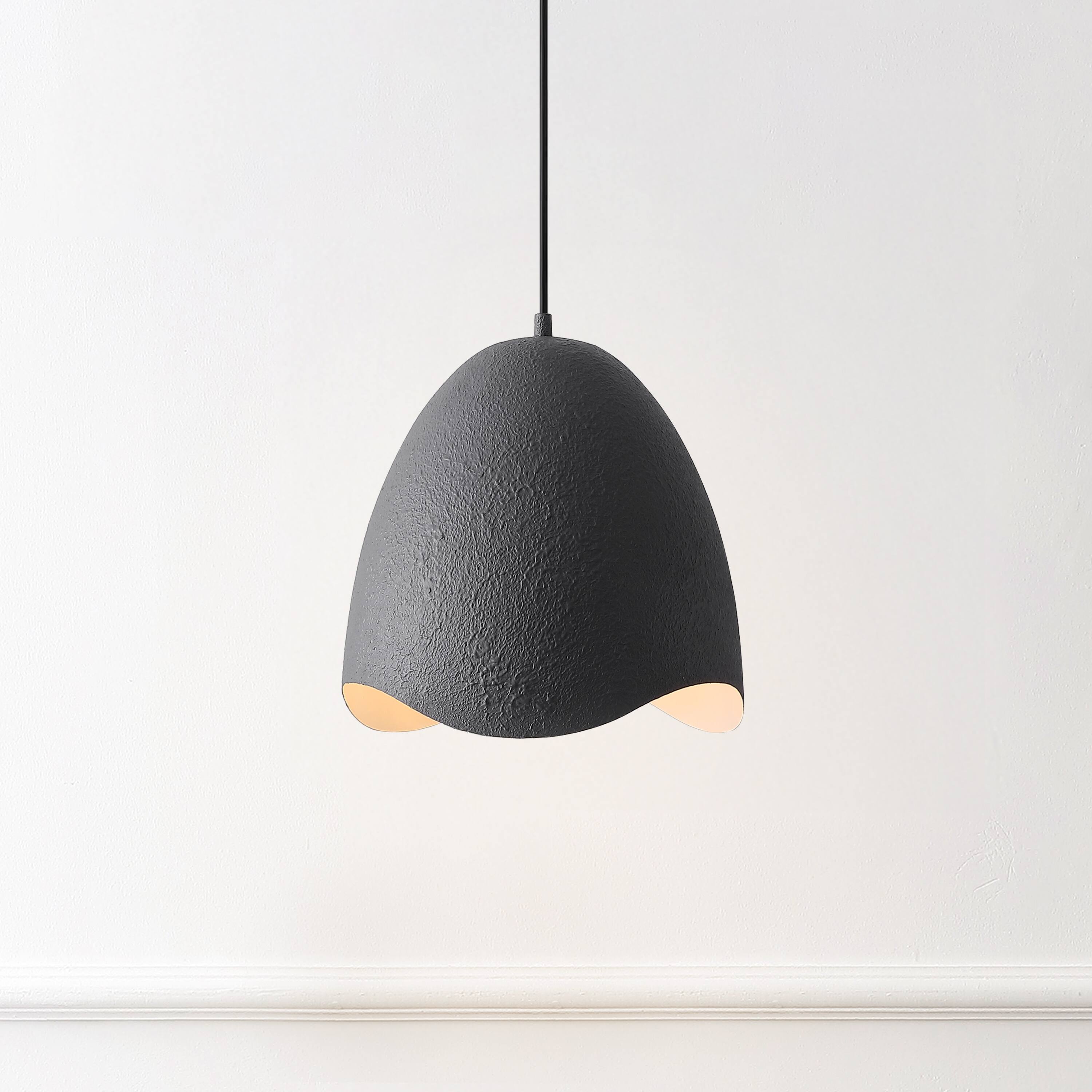 Alt View 1. Jonathan Y - Luella 11.75" 1-Light Bohemian Coastal Adjustable Plaster-Look Organic Scalloped Dome Metal LED Pendant, Dark Gray - Dark Gray.