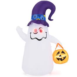 Costway - 6 FT Halloween Inflatables Cute Ghost with Jack-O-Lantern & Witch Hat - White