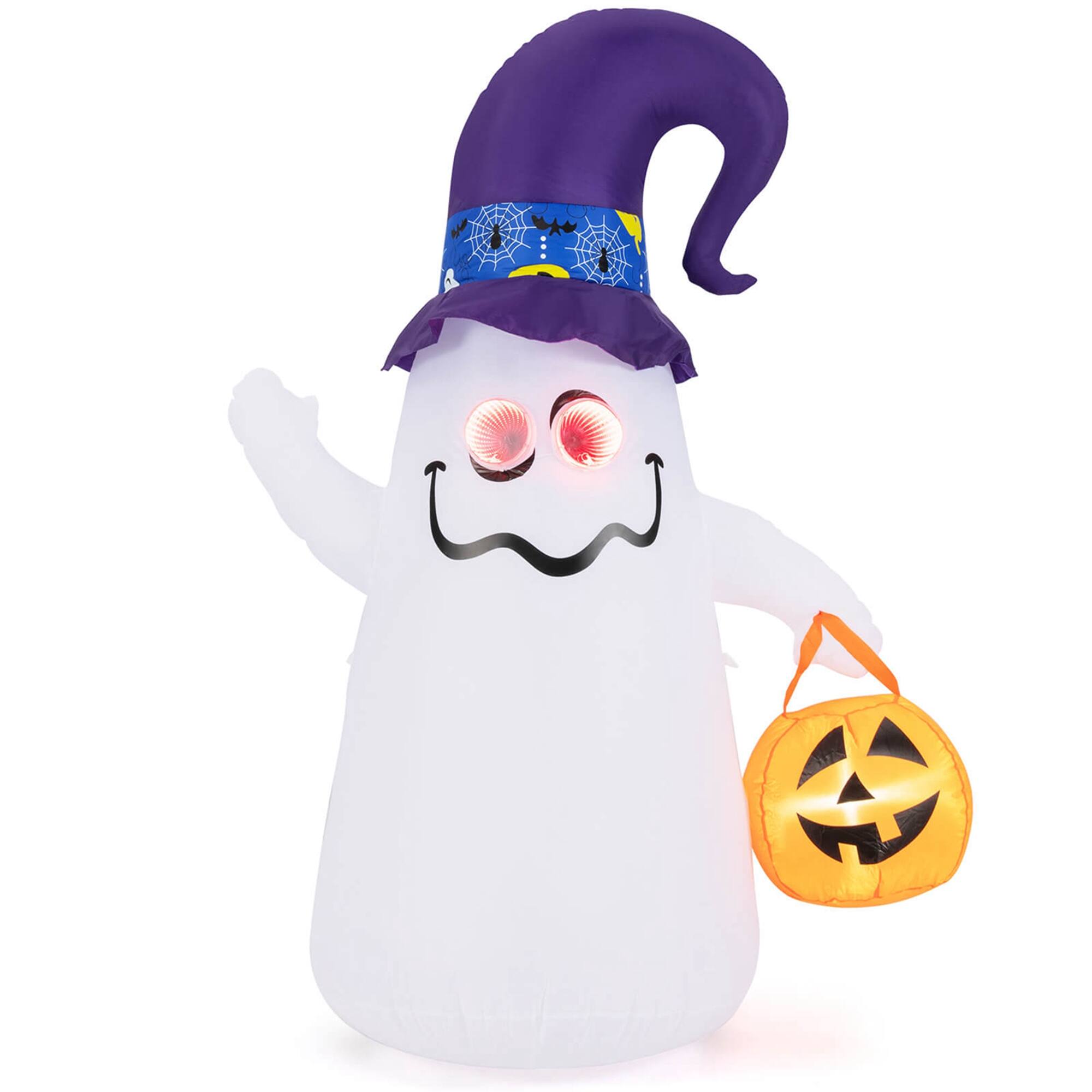 Costway - 6 FT Halloween Inflatables Cute Ghost with Jack-O-Lantern & Witch Hat - White