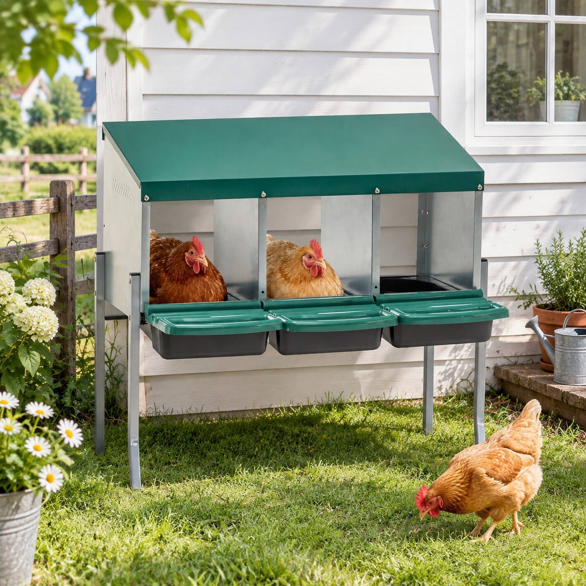 Back. RYHNUYNE - Chicken Nesting Boxes, 3 Compartment Laying Box, Galvanized Steel Frame, Roll-Away Egg Trays, Green.