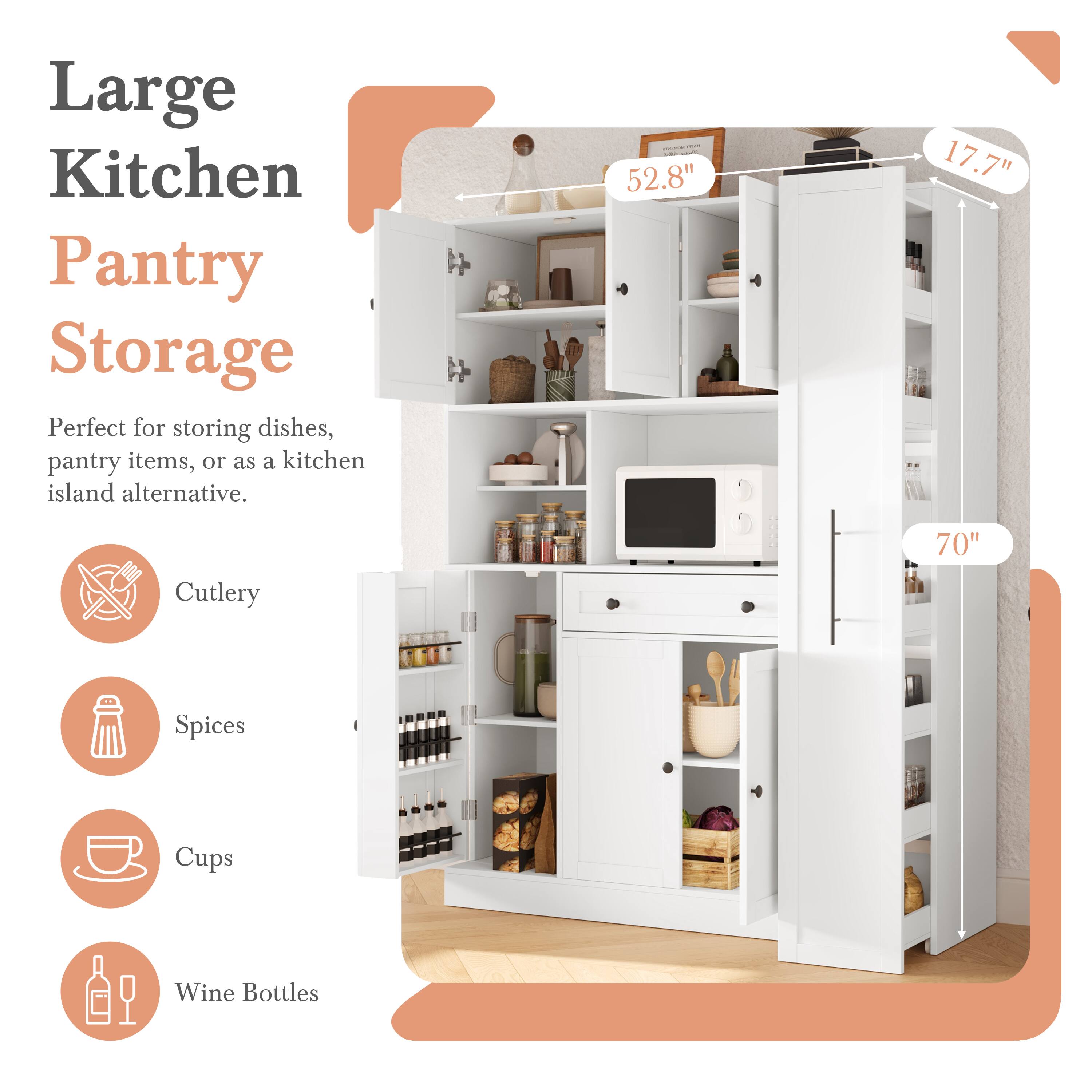Large Kitchen Pantry Storage  
Perfect for storing dishes, pantry items, or as a kitchen island alternative.  

- Cutlery  
- Spices  
- Cups  
- Wine Bottles  

Dimensions:  
- Height: 70"  
- Width: 52.8"  
- Depth: 17.7"