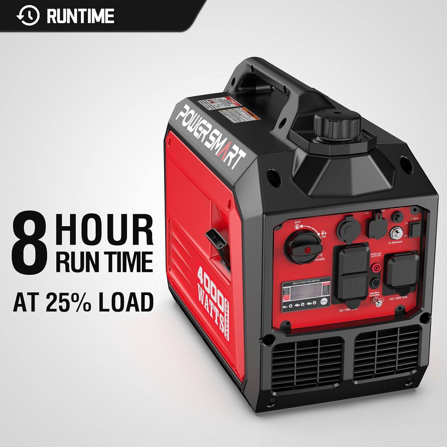 RUNTIME |||| BORRY POWERSMART 8 HOUR RUN TIME AT 25% LOAD WASTS# OFF DV CHOKE MULTIFUNCTION AC 120 AC MEATER PARA OUTUETS ARGITION: AC 1201 XII 800