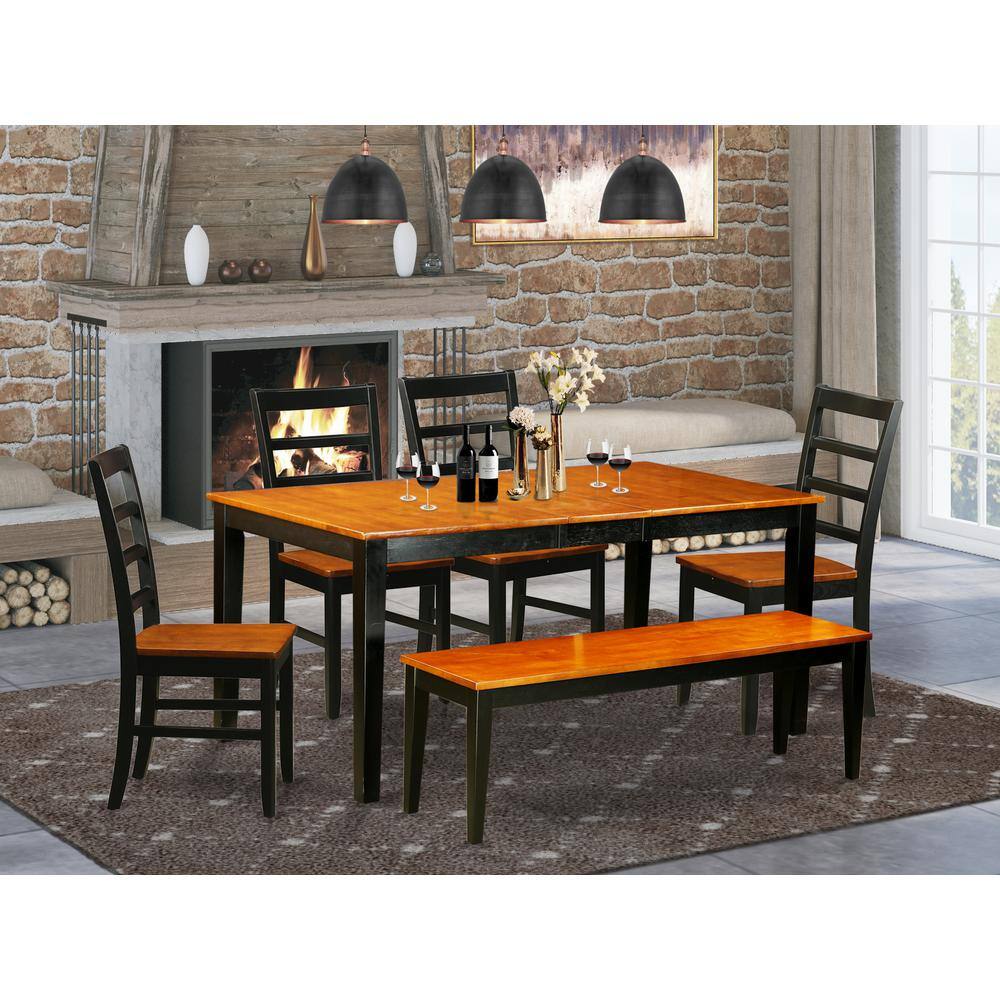 Alt View 2. East West Furniture - 6 PC Dining room set with bench-Kitchen Tables and 4 Wooden Dining Chairs Plus bench - Black & Cherry.