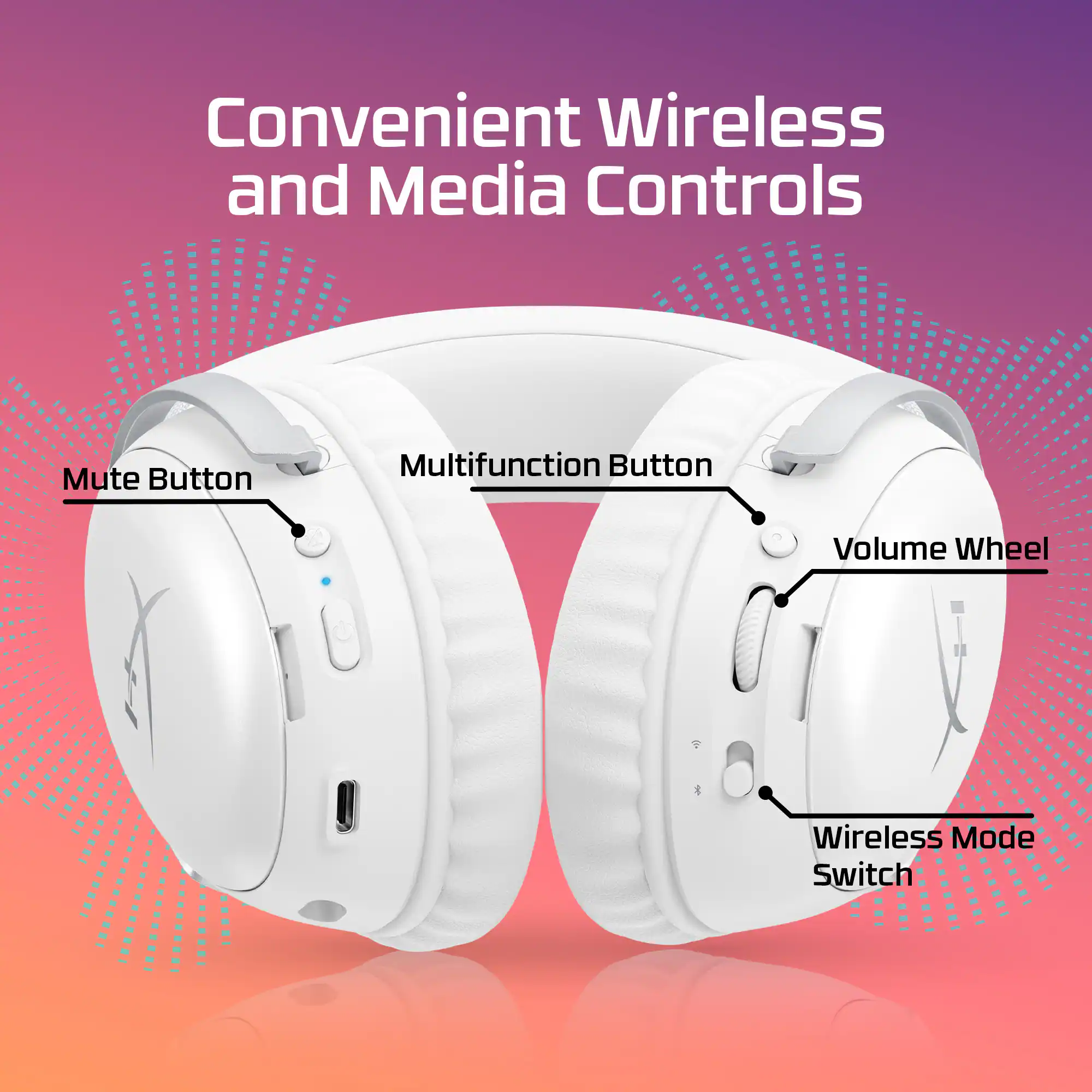 Convenient Wireless and Media Controls: Mute Button, Multifunction Button, Volume Wheel, Wireless Mode Switch.