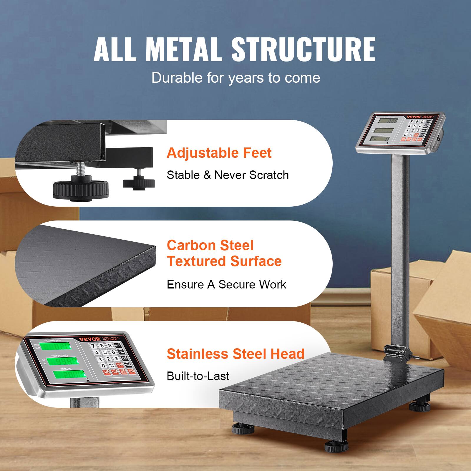 ALL METAL STRUCTURE  
Durable for years to come  

- Adjustable Feet  
  Stable & Never Scratch  

- Carbon Steel  
  Textured Surface  
  Ensure A Secure Work  

- Stainless Steel Head  
  Built-to-Last