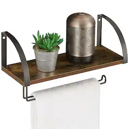 Oumilen - Wall Mount Floating Shelf with Paper Towel Holder, Rustic Wood Black Metal Bathroom Kitchen Storage Rack - Brown