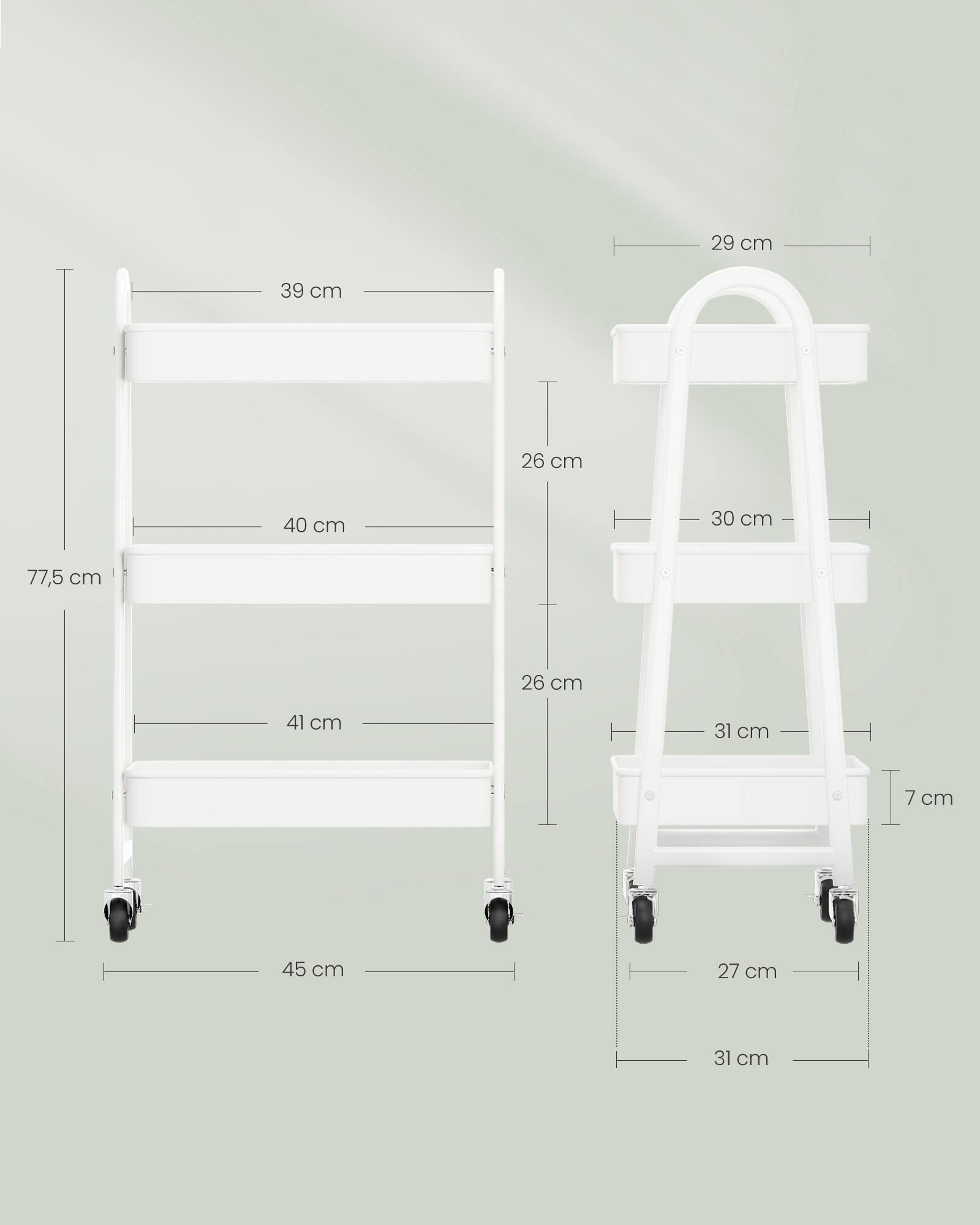 Alt View 2. Songmics Home - 3-Tier Rolling Cart, Metal Storage Cart, Kitchen Storage Trolley with 2 Brakes and Handles, Utility Cart, Easy Assembly - White.